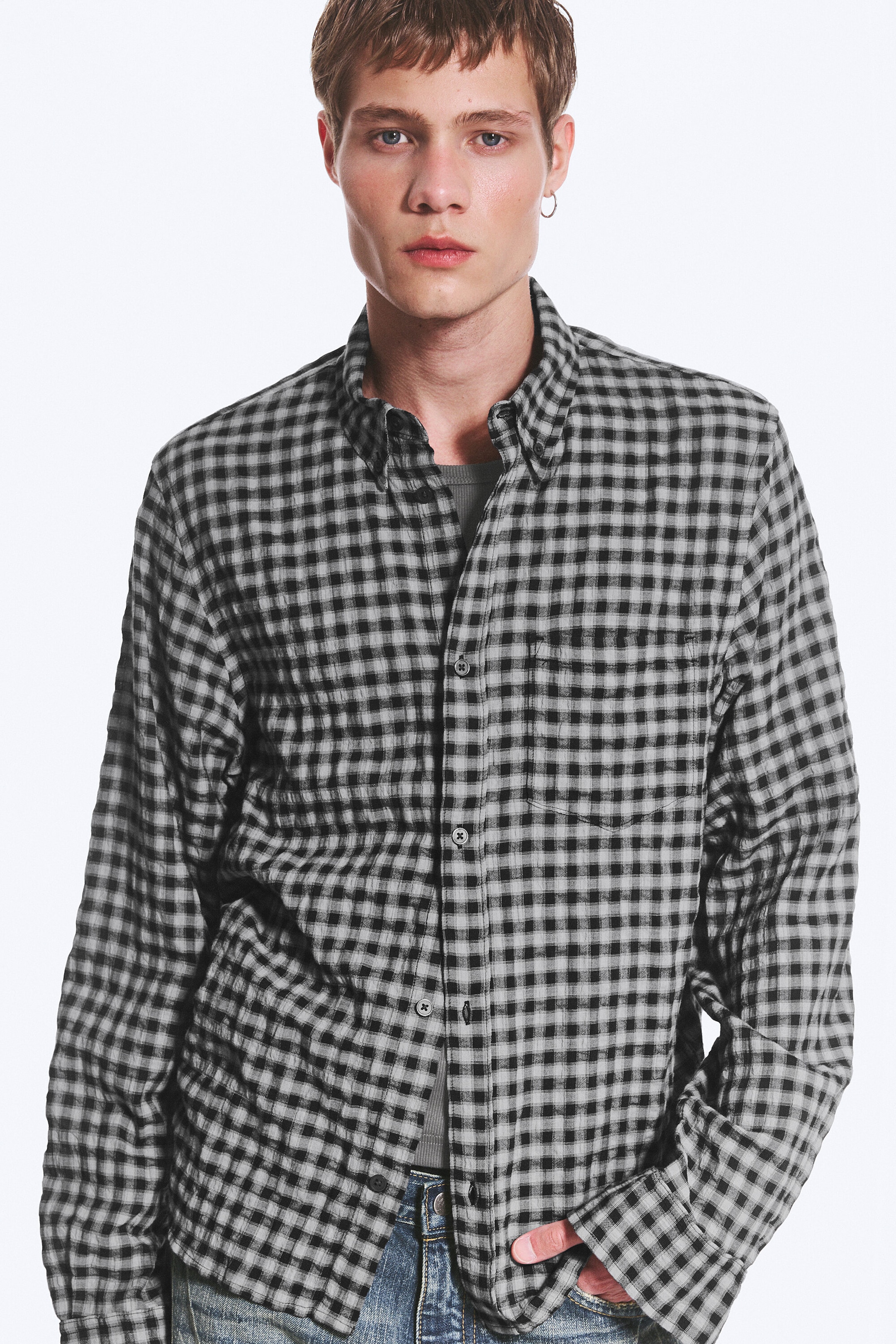 Checked Black/Grey - Structured Long-Sleeved Buttoned Shirt - 2