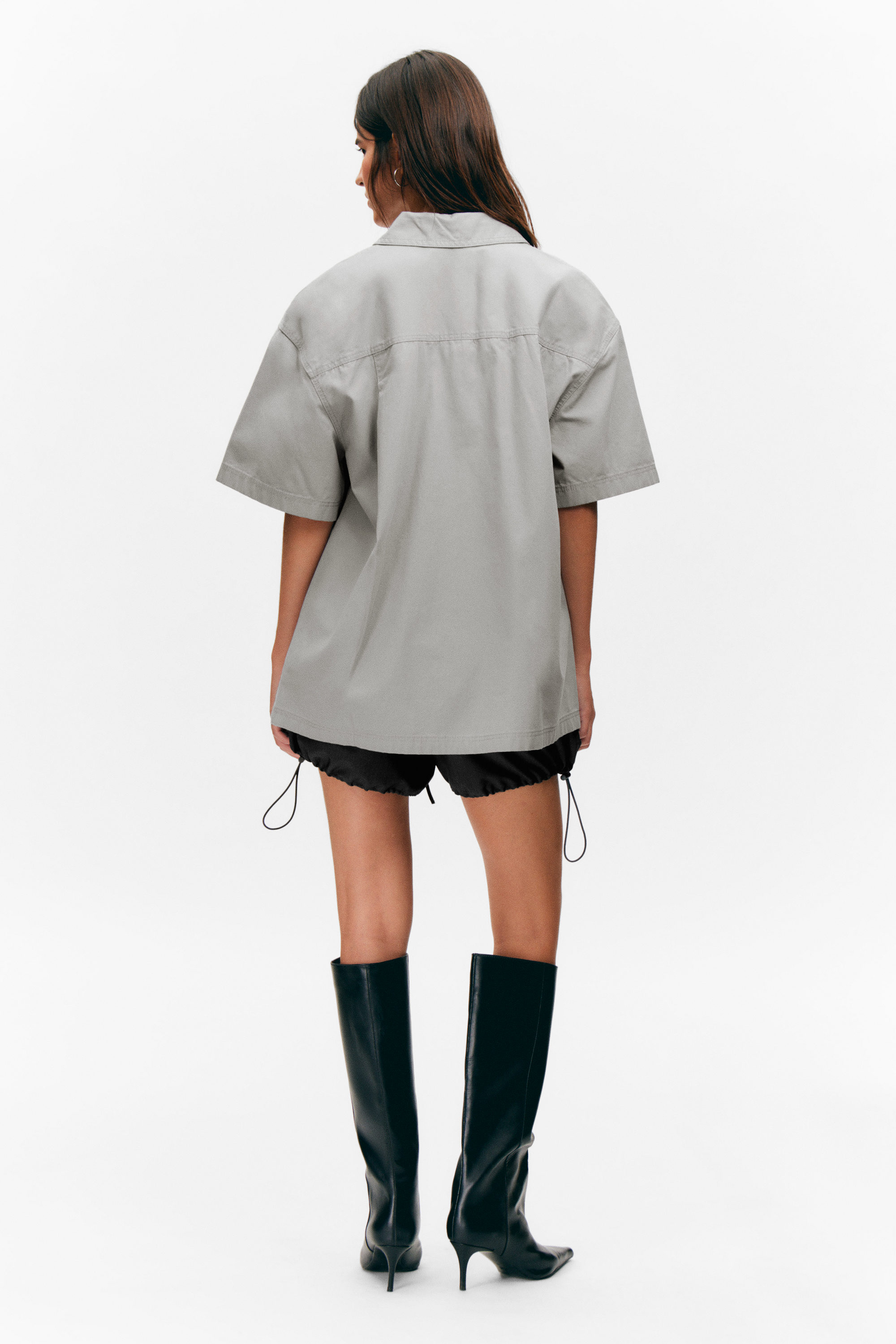 Light Grey - Oversized Cotton Canvas Short-Sleeved Shirt - 2