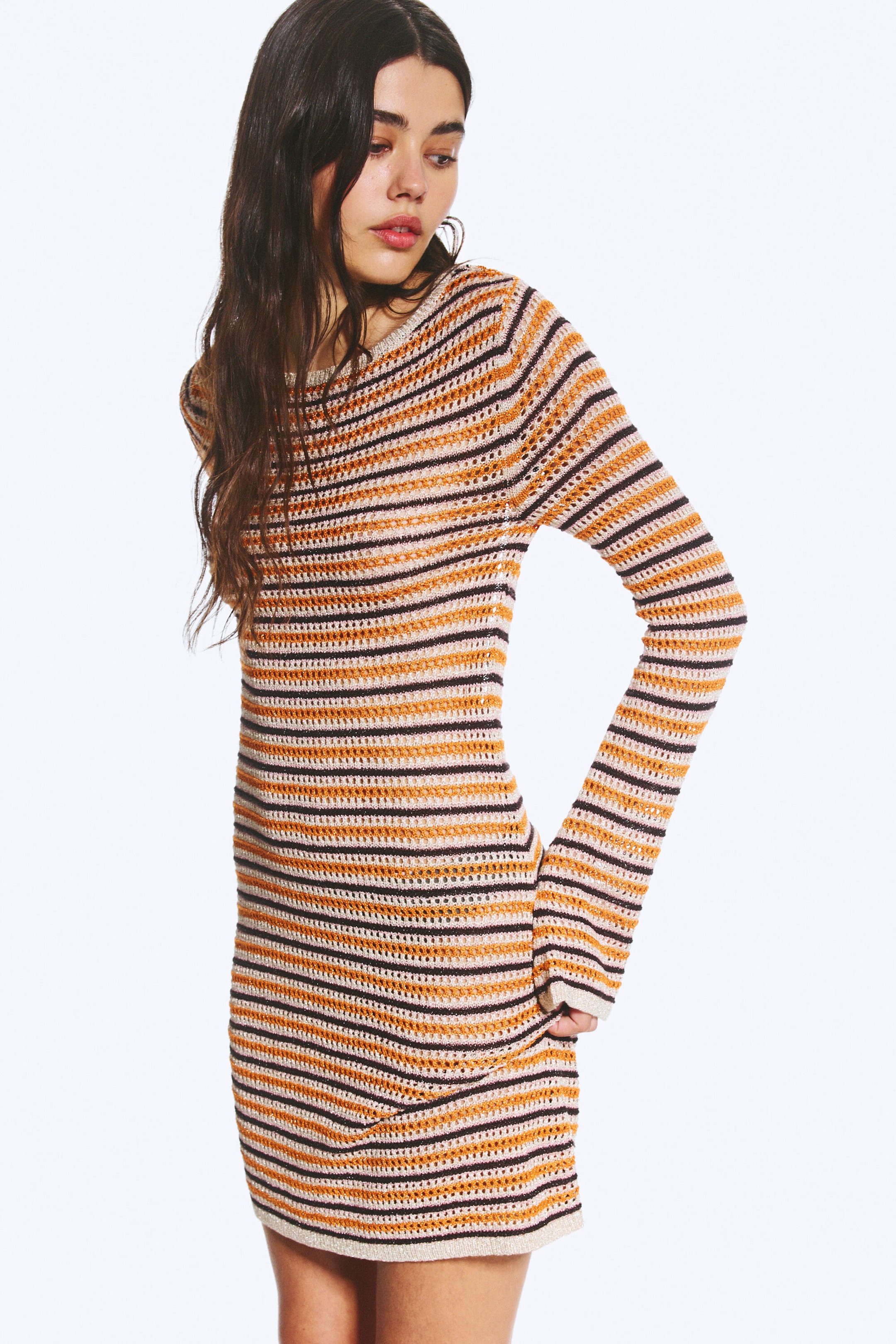 Randig orange - Stickad Open-back-klänning - 2