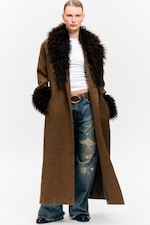 Checked Brown - Brown Faux Fur - Long Oversized Coat with Faux-Fur Trims - 0