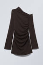 Dark Brown - Gathered Mini Long Sleeve Dress - 4