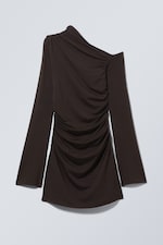 Dark Brown - Gathered Mini Long Sleeve Dress - 0