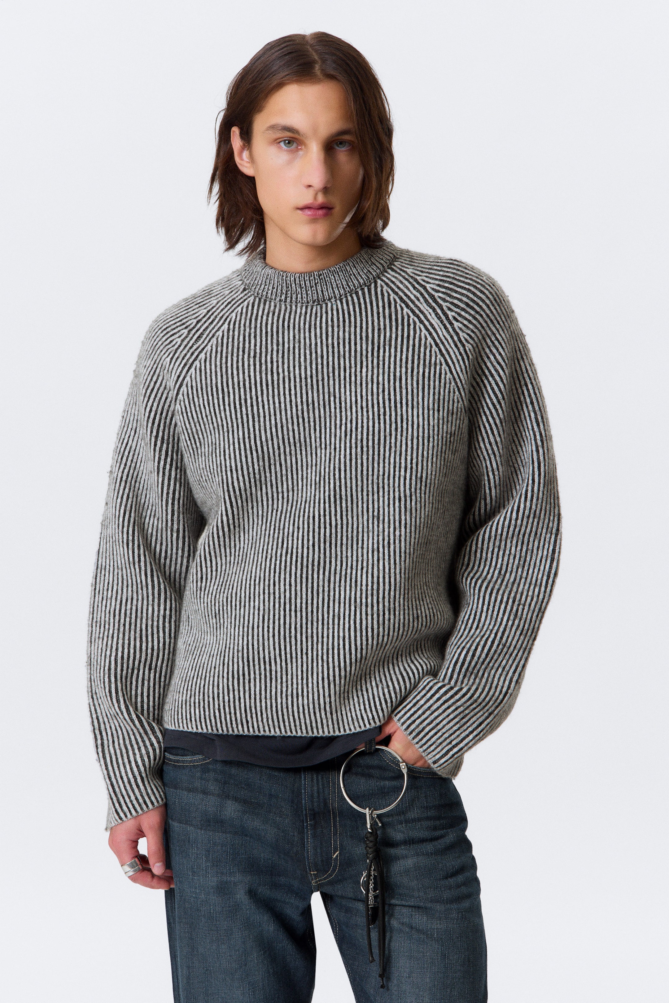 Two-tone Light Grey - Knitted Two-Tone Wool Blend Sweater - 1
