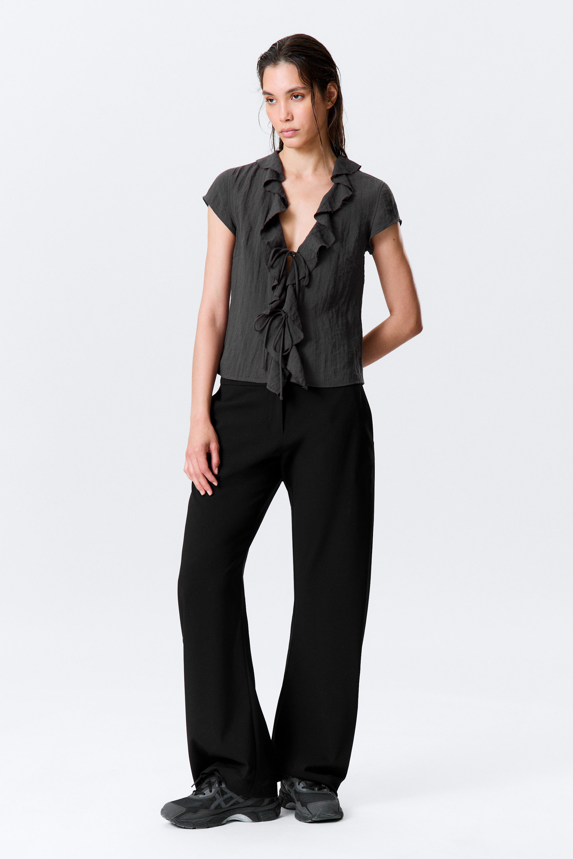 Dark Grey - Frilled Tie-Front Top