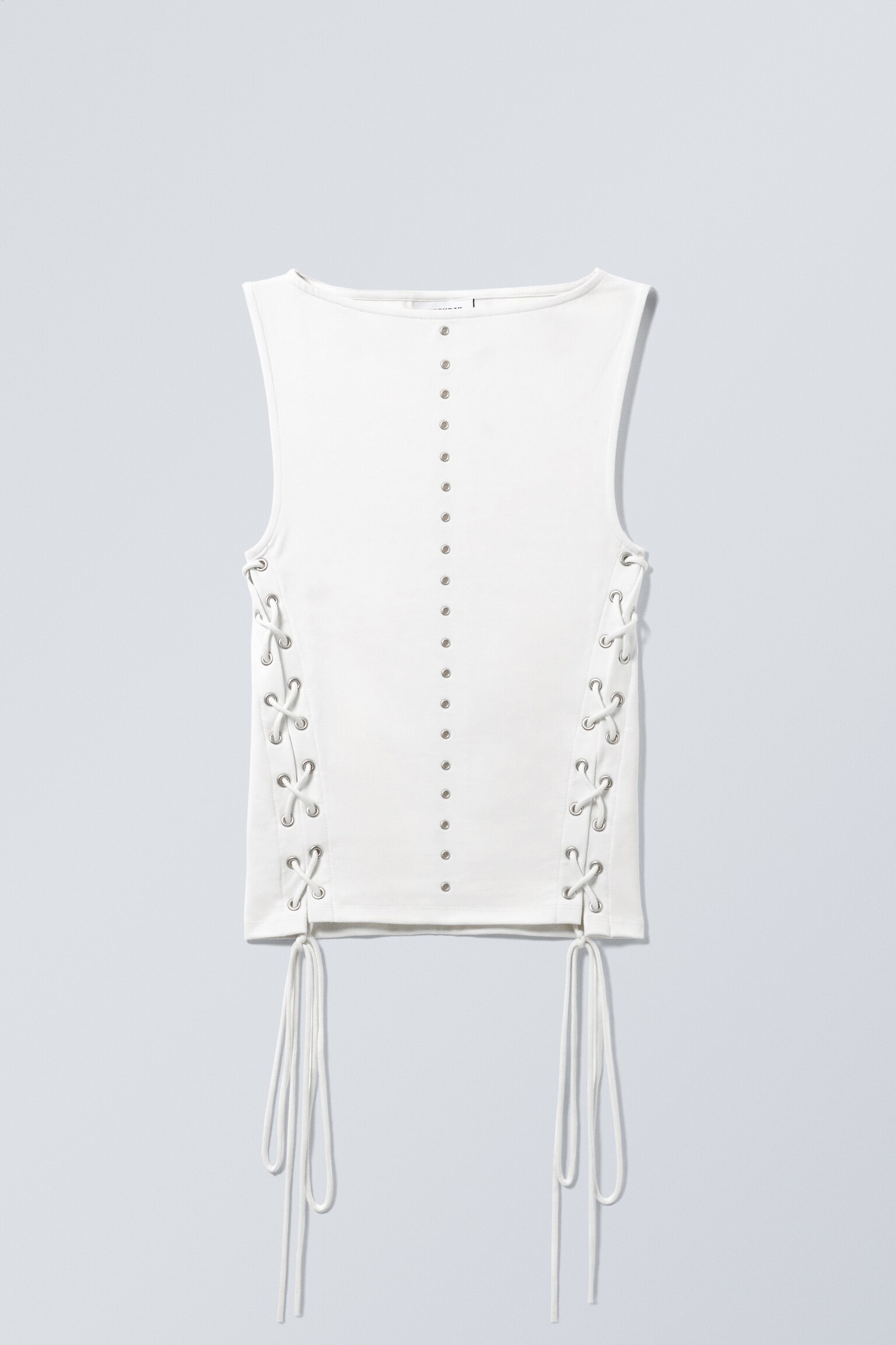 Sleeveless Lacing Boat-Neck Eyelet Top - White/Bílá/Černá