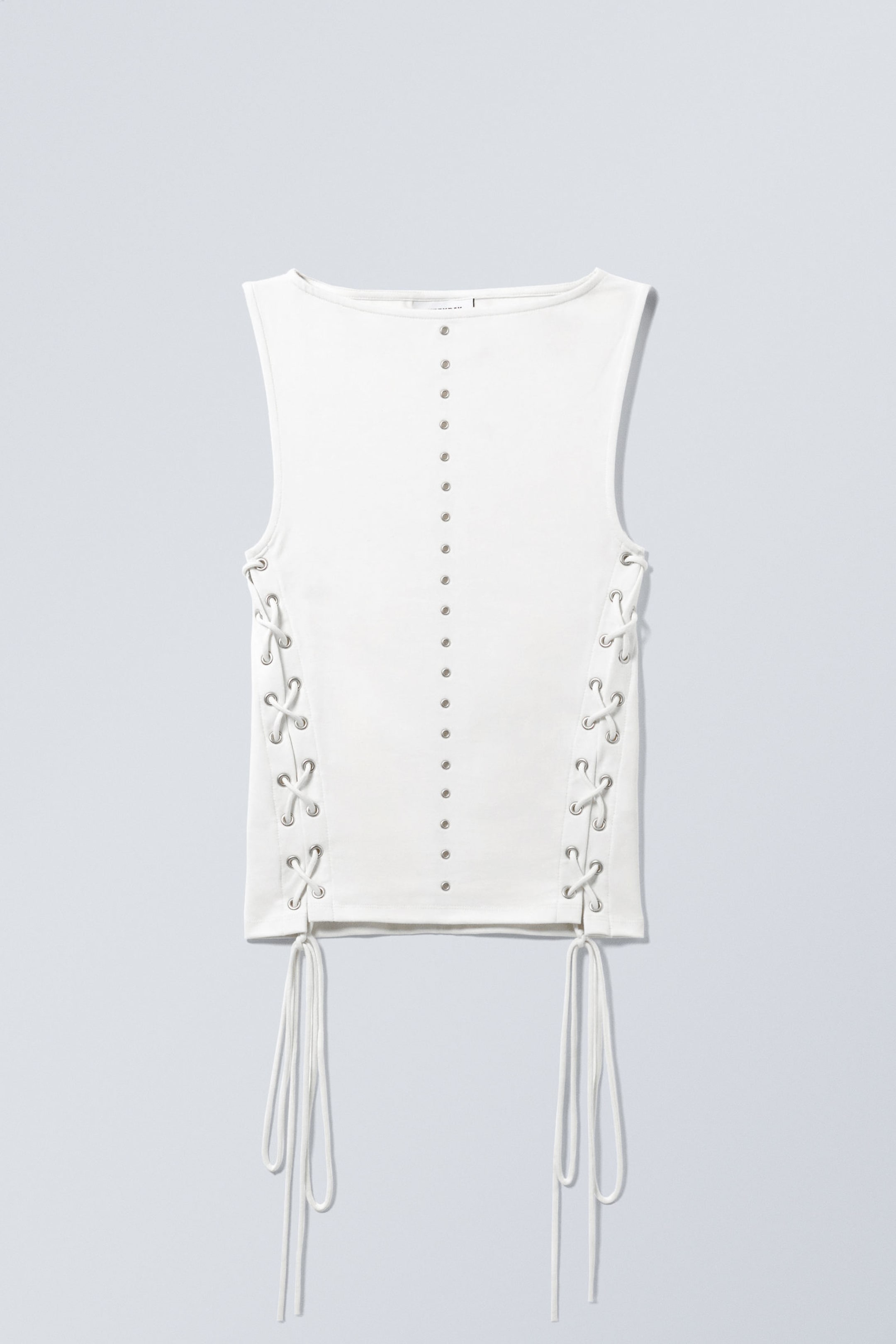 White - Sleeveless Lacing Boat-Neck Eyelet Top - 0