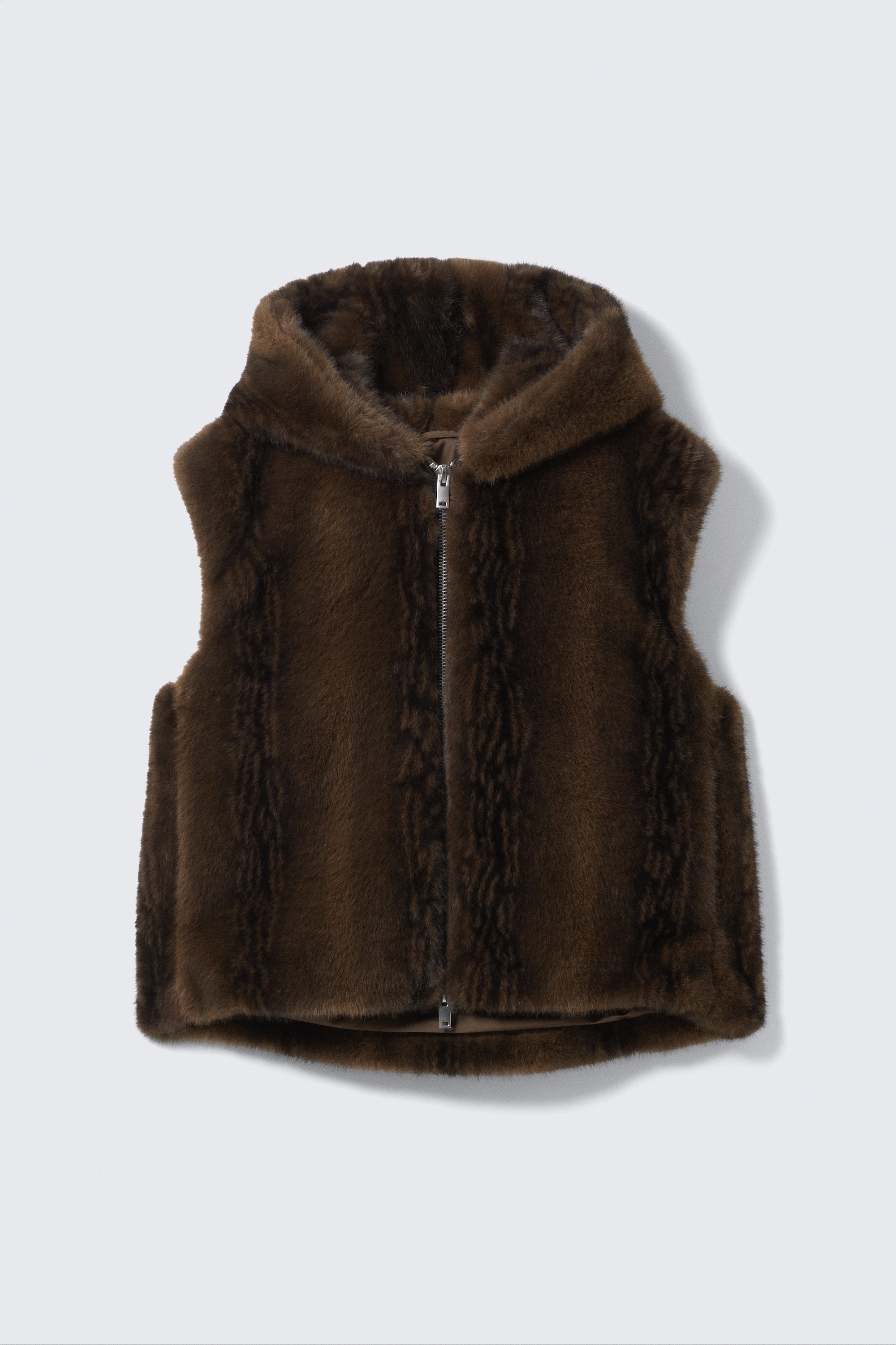 Faux Fur Hooded Zip Vest - Fuzzy Brown