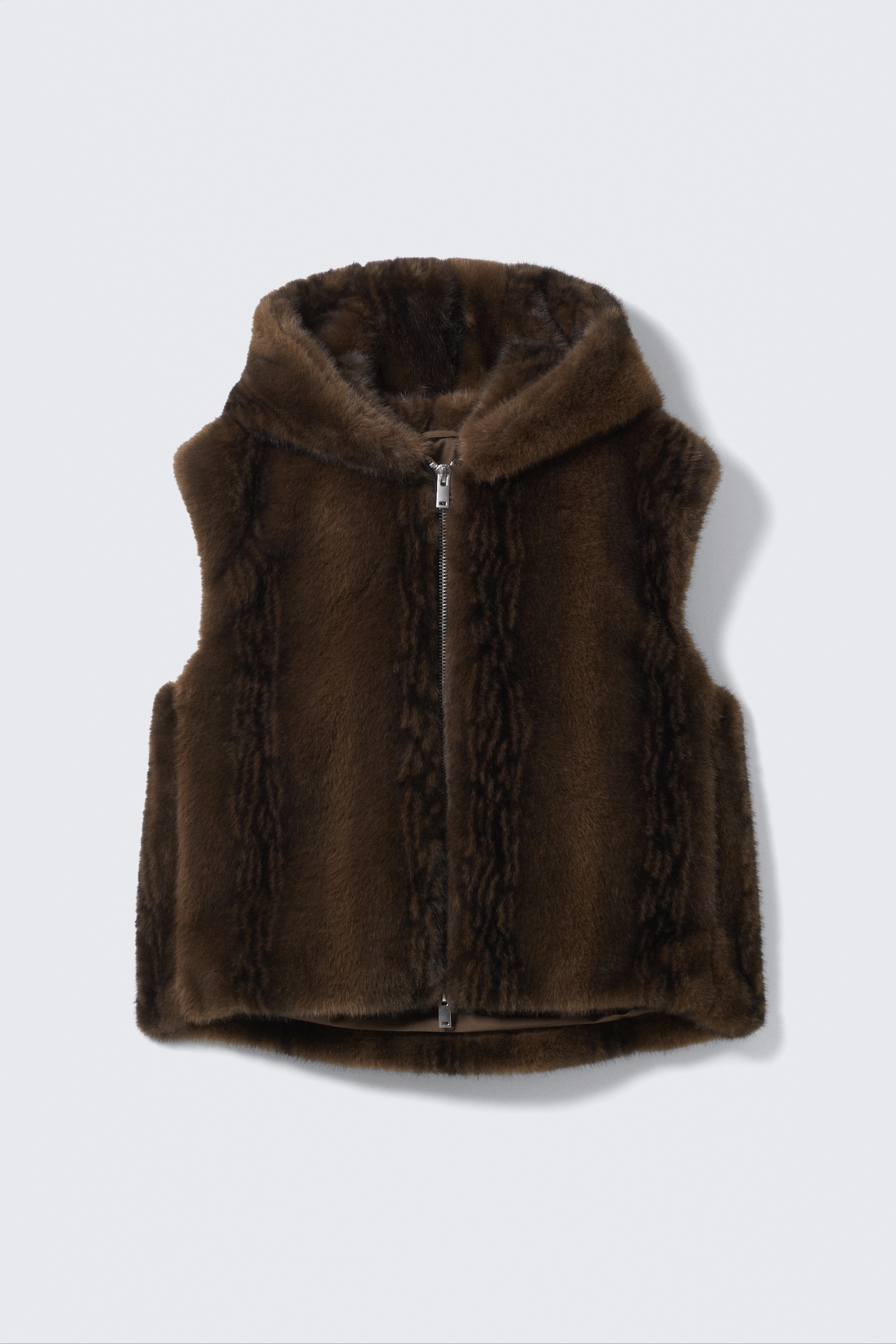 Faux Fur Hooded Zip Vest - Fuzzy Brown - 2