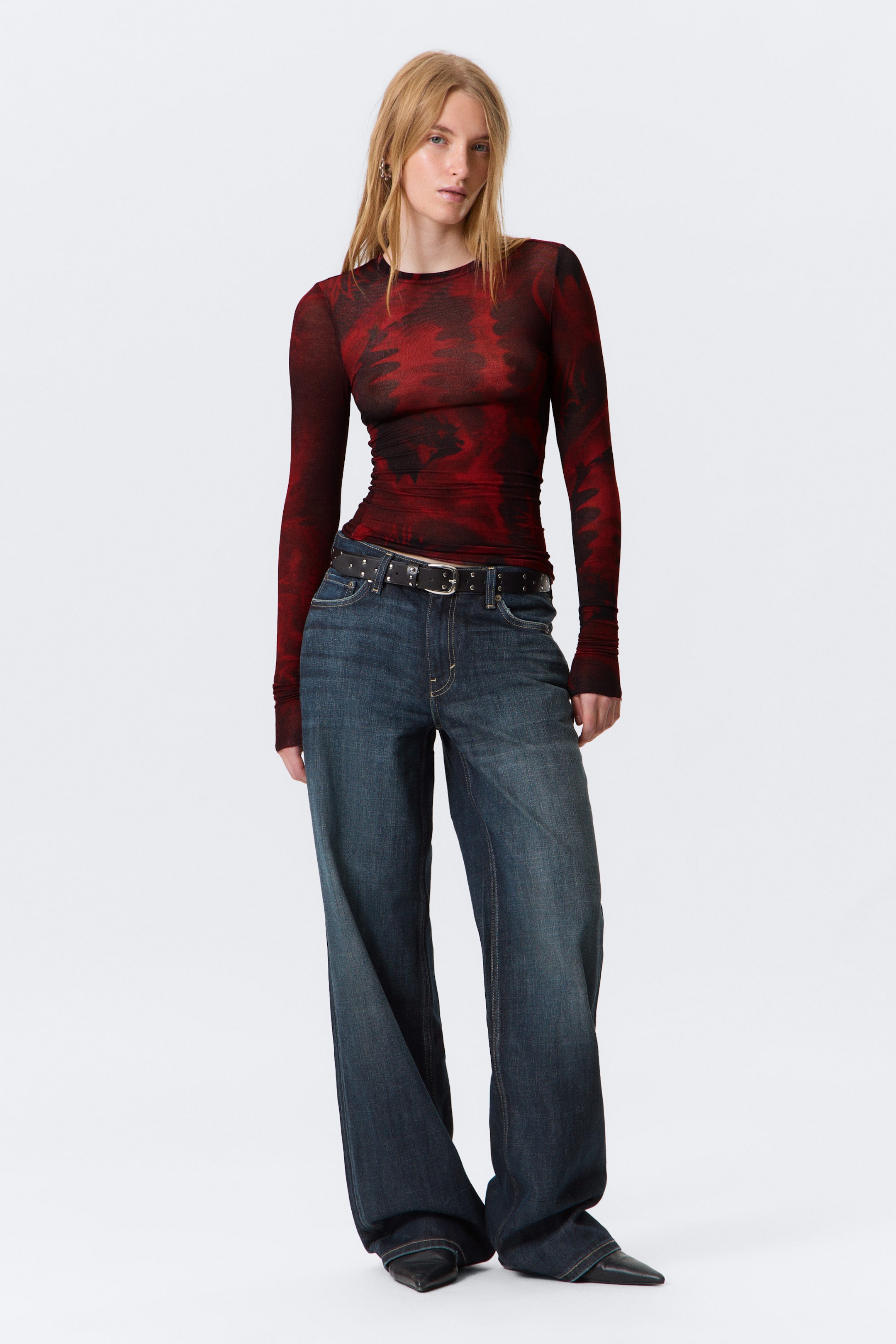 Dark Red Dragon Print - Printed Slim Fit Long-Sleeved Top - 2