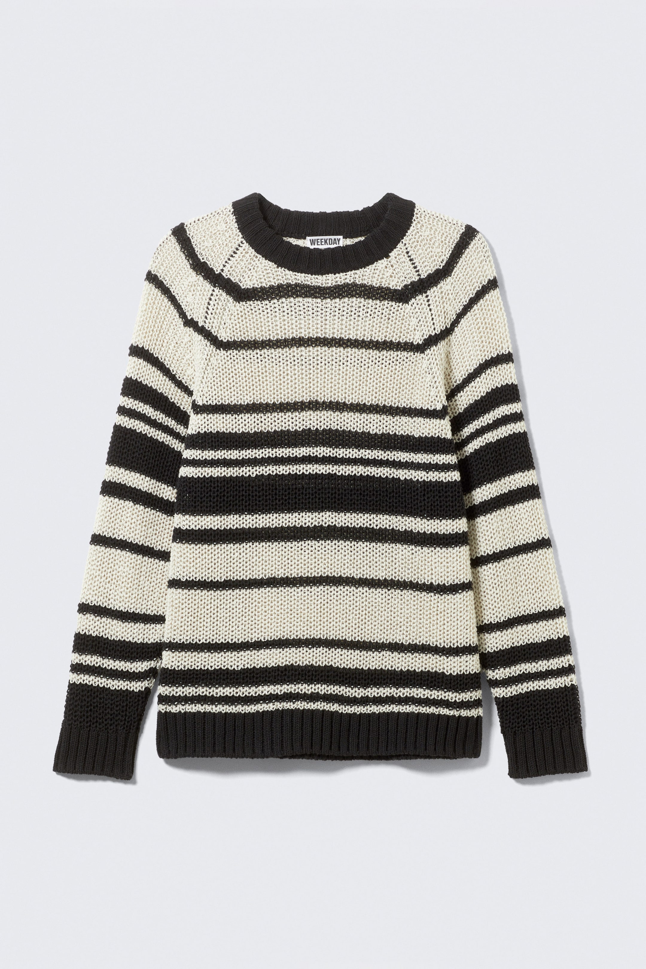 Striped Beige - Striped Knitted Raglan-Sleeved Sweater - 1