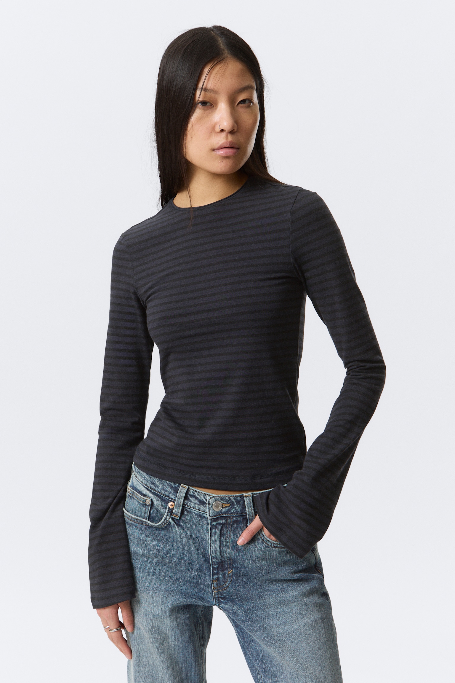 Long Sleeve Cotton Top - Striped Dark Blue/Dark Brown/Black/Striped Dark Green - 1