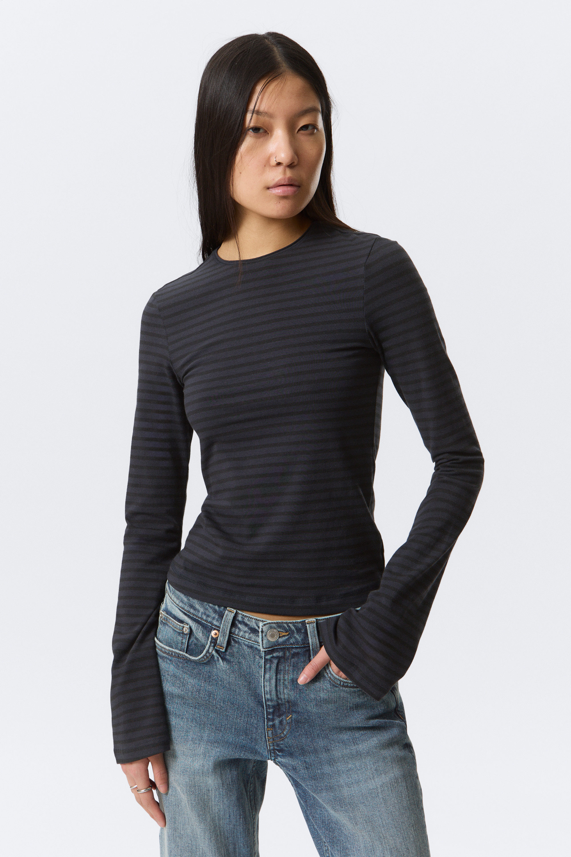 Striped Dark Blue - Long Sleeve Cotton Top - 1