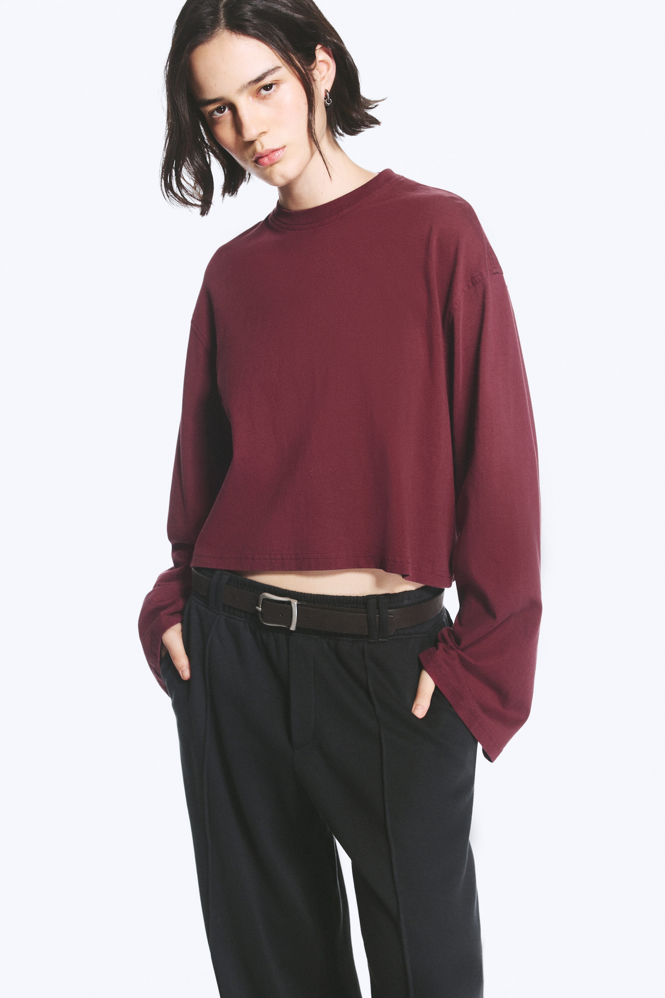 Washed Red - Cropped Oversized Long-Sleeved T-shirt - 1