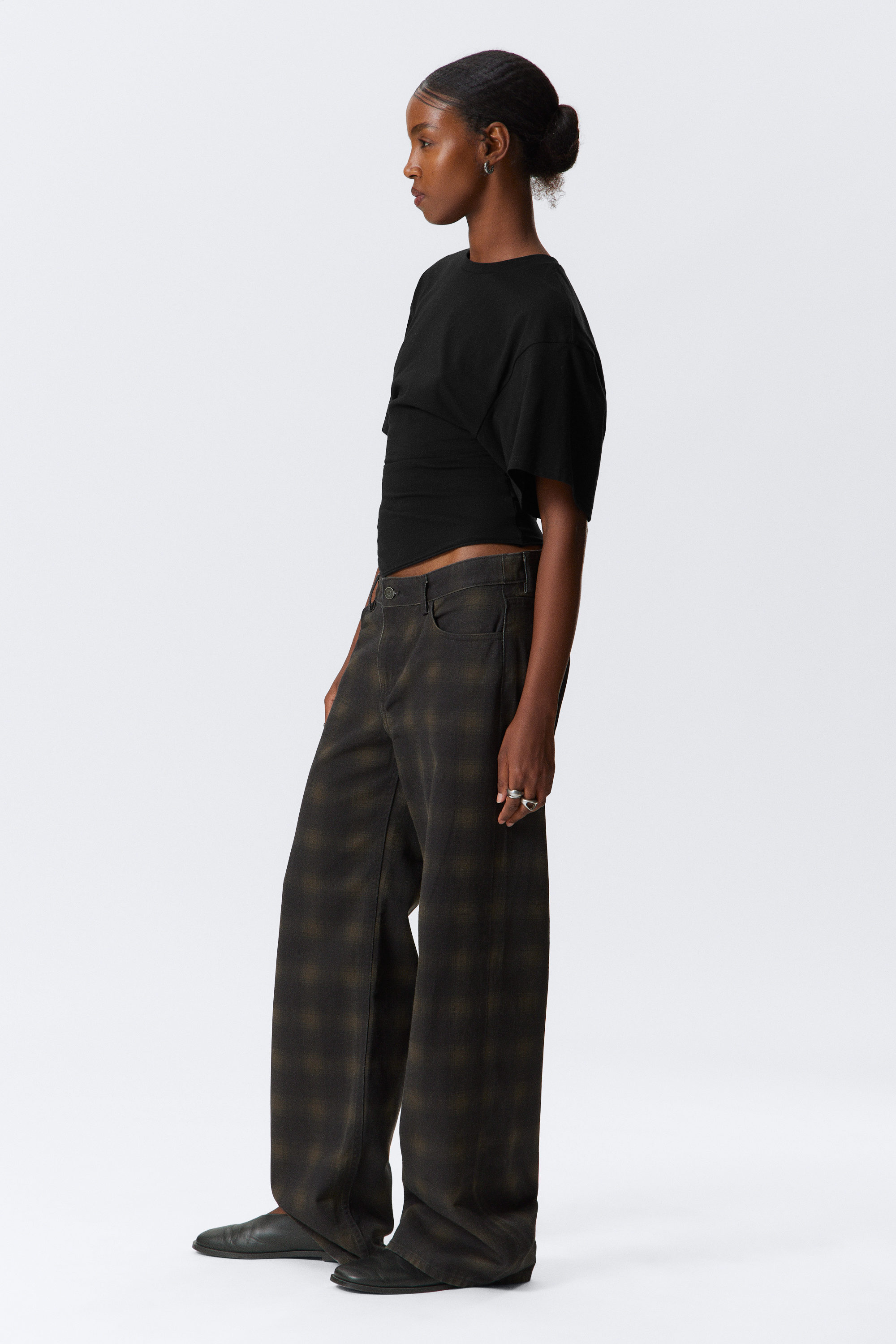 Dark Brown Haze - Low Rise Straight Leg Checked Twill Trousers - 2