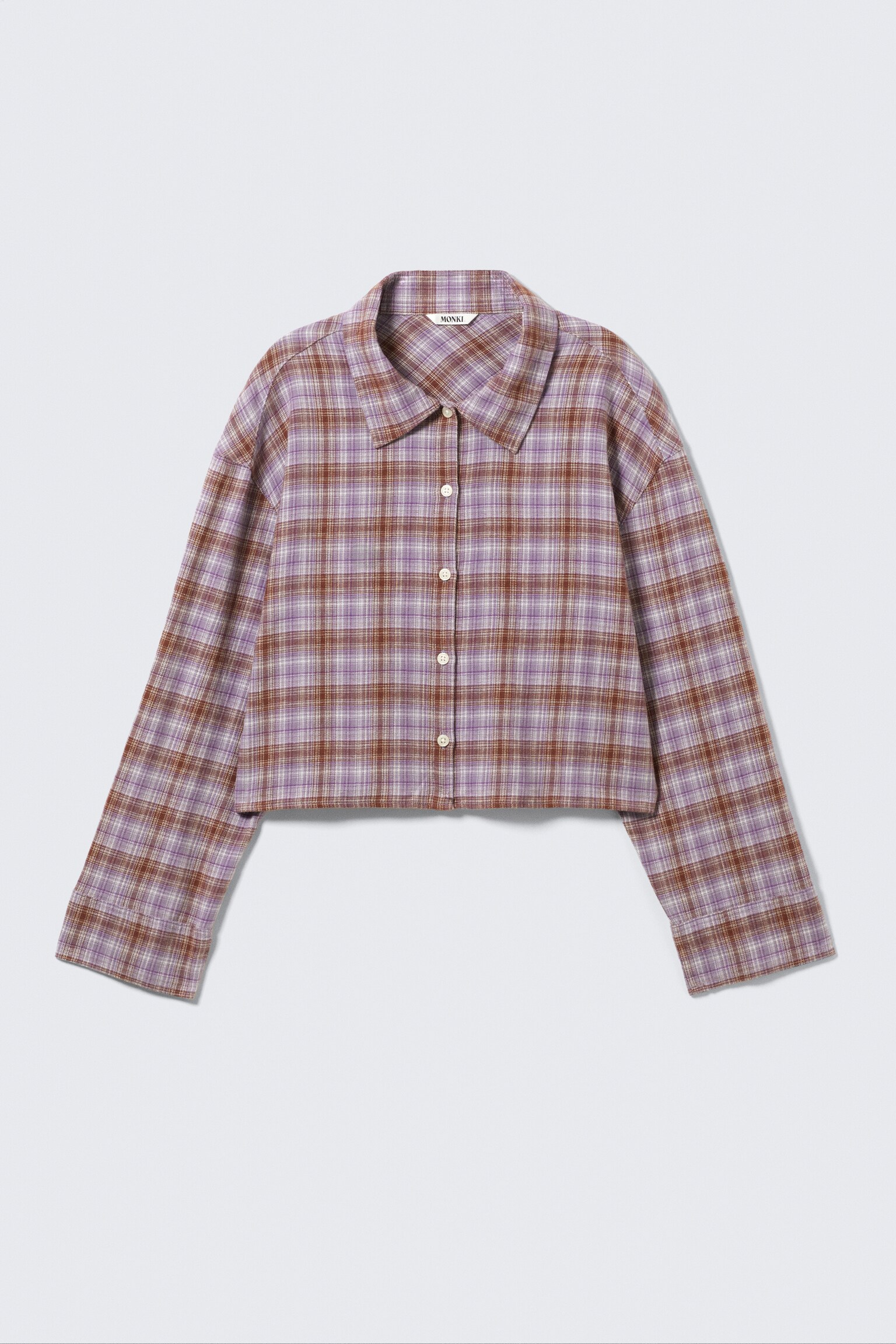 Cropped Checked Flannel Shirt - Purple Check/Checked Brown - 2