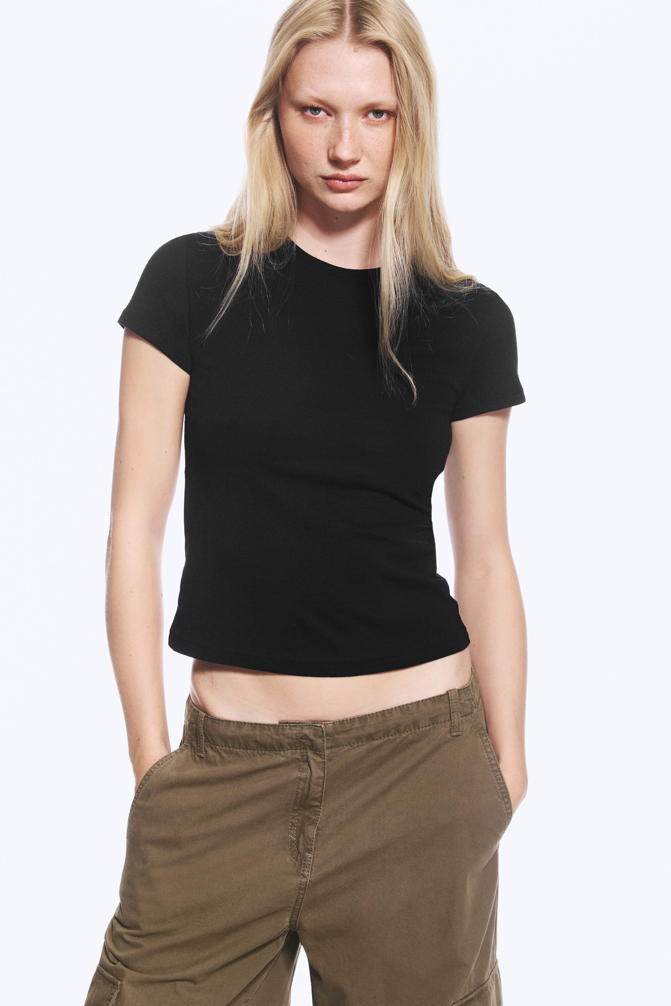 Noir - T-shirt coton ajusté manches courtes - 1