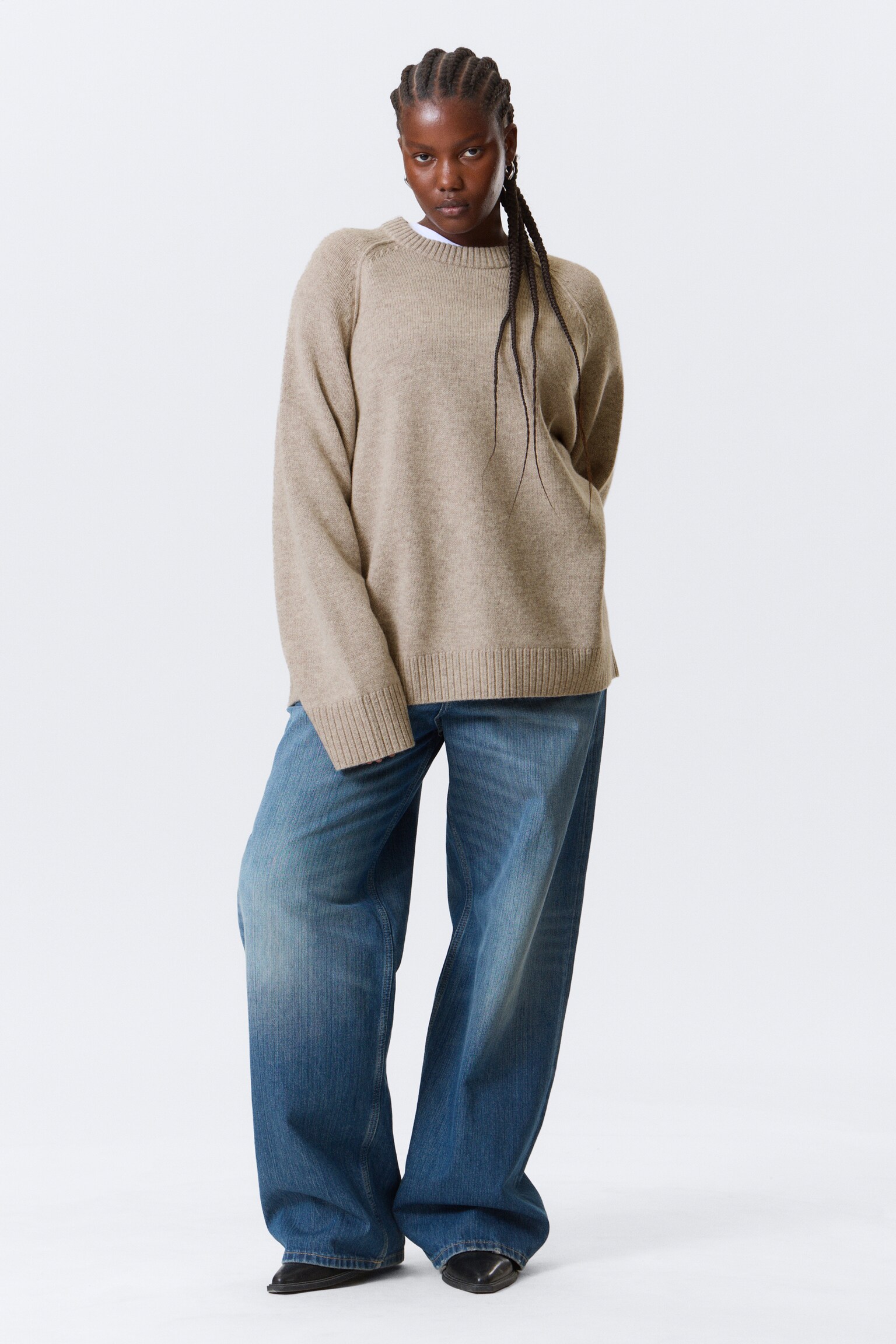 Relaxed Knitted Wool Sweater - Mélange taupe clair/Marron foncé chiné - 5