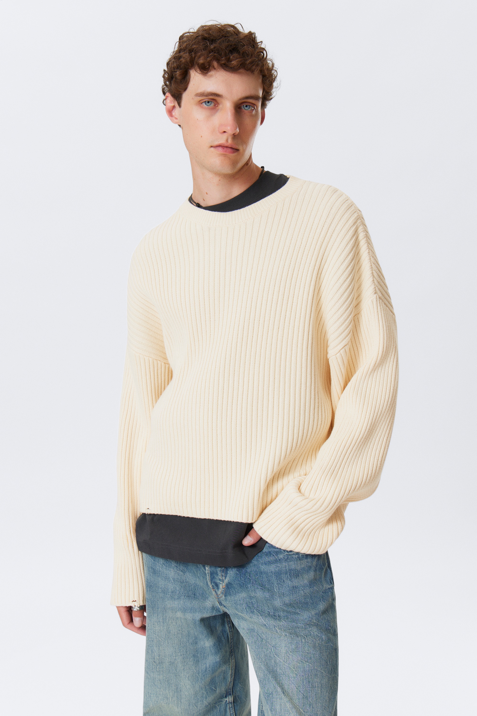 Loose Ribbed Cotton Sweater - Dusty White/Dark Mauve