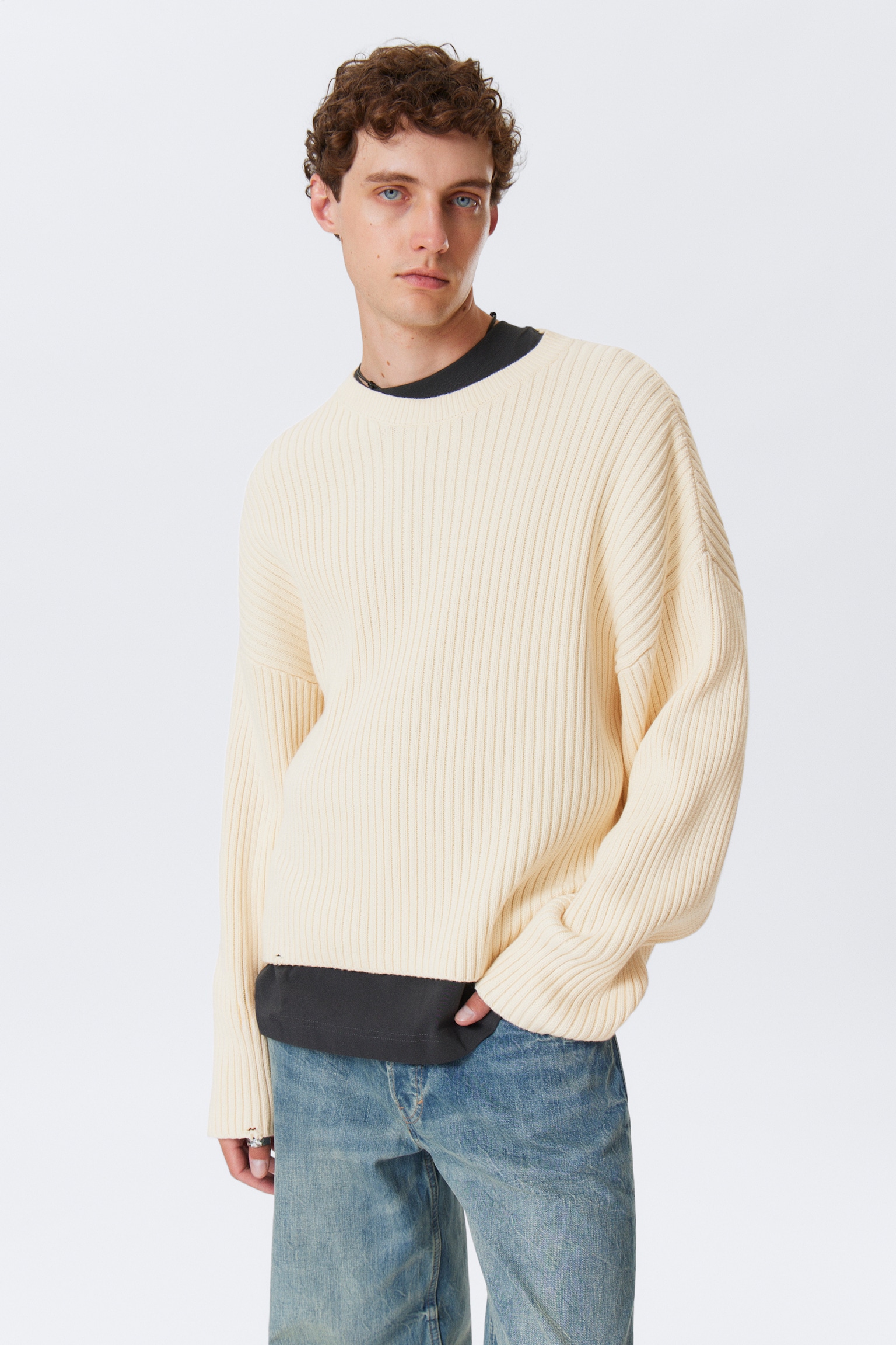 Pull ample en coton côtelé - Blanc cendré/Dark Mauve/Bleu foncé