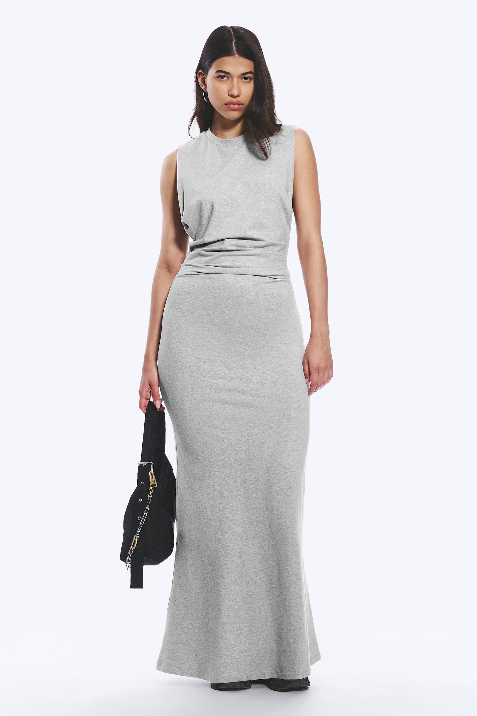 Geplooide mouwloze maxi-jurk - Grijs gemêleerd/Zwart - 1