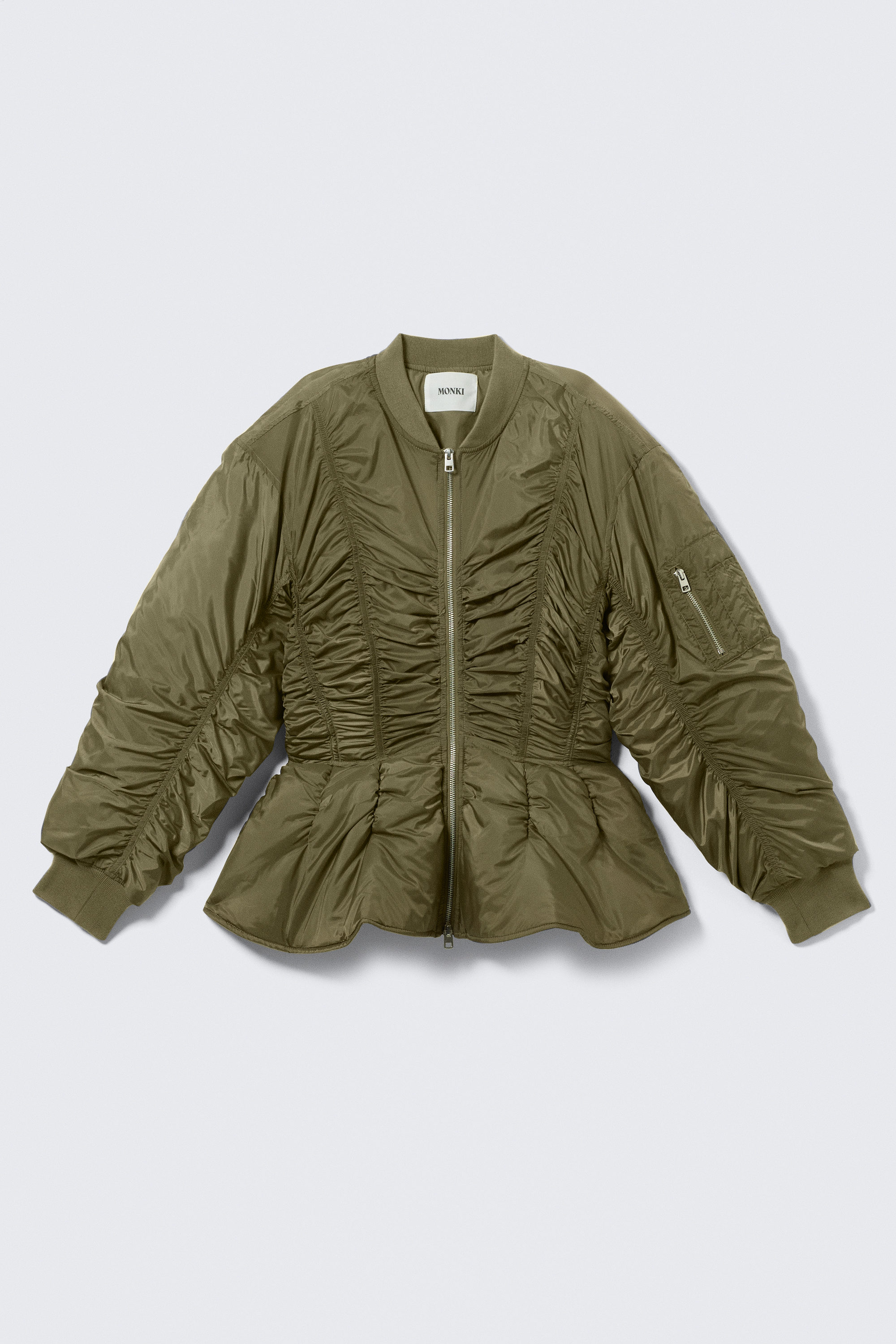 Khaki Green - Slim Ruched Peplum Bomber Jacket - 4