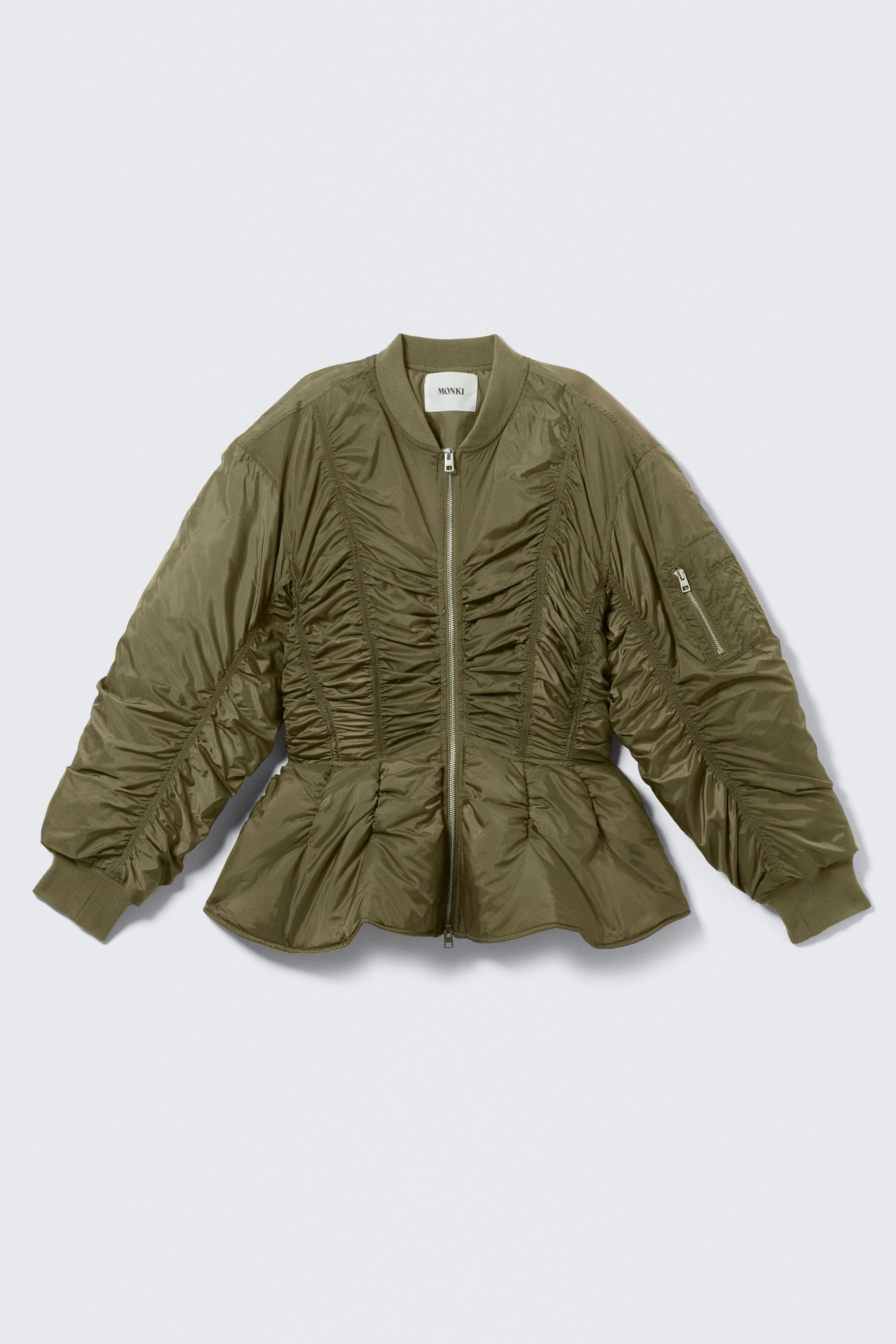 Khaki Green - Slim Ruched Peplum Bomber Jacket - 4