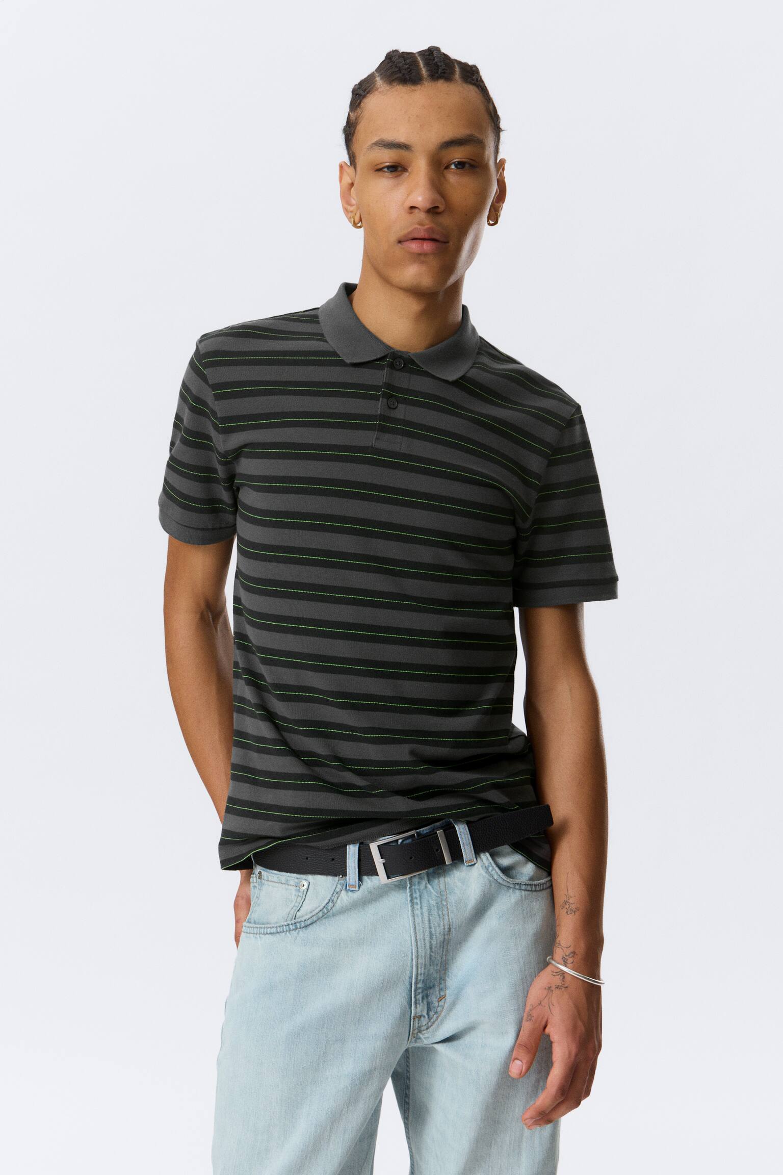 Camisa de tenis de piqué de manga corta - Gris oscuro - Verde a rayas - 1