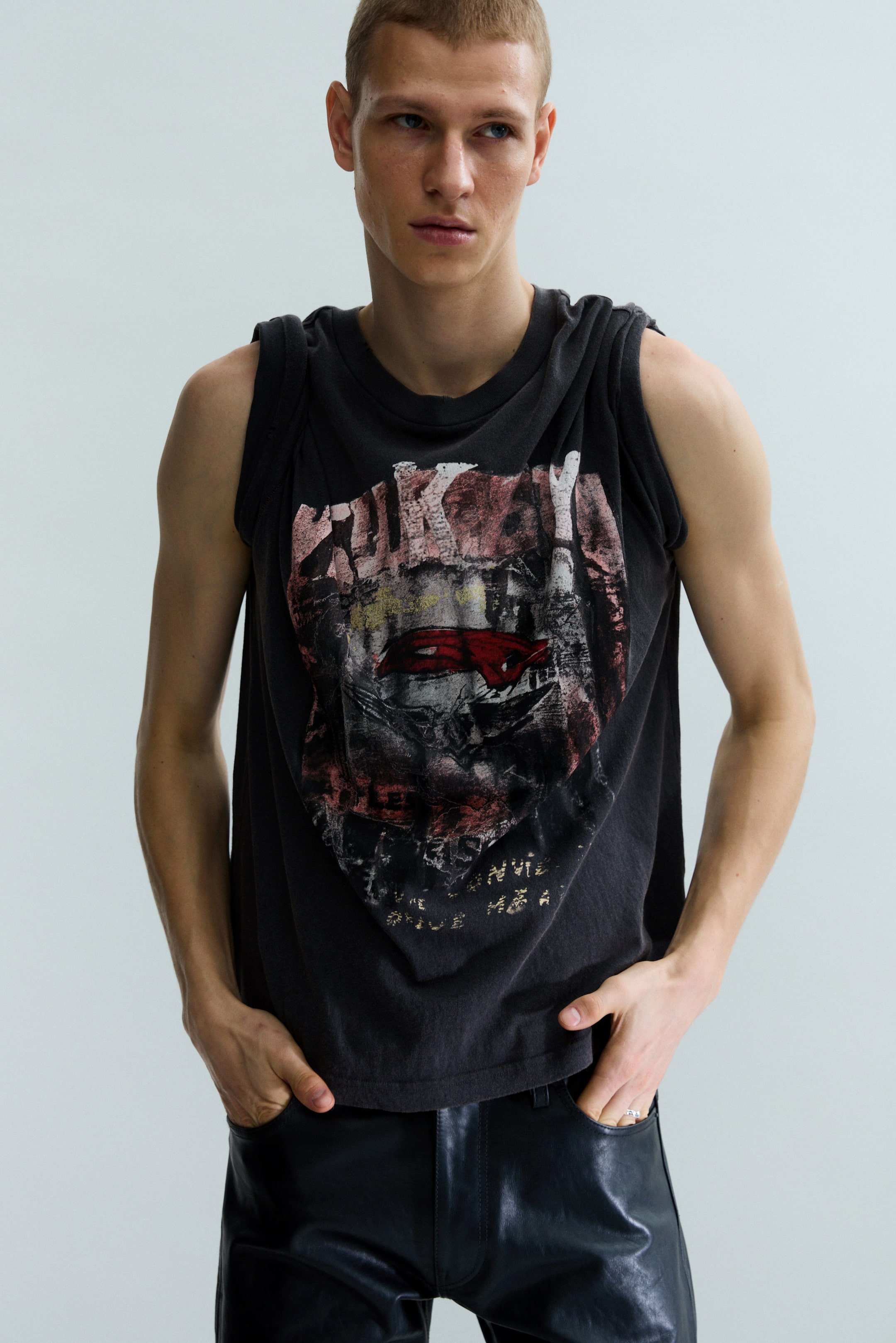 Dark Grey - Rock ’n’ roll - Distressed Printed Short-Sleeved T-shirt - 1