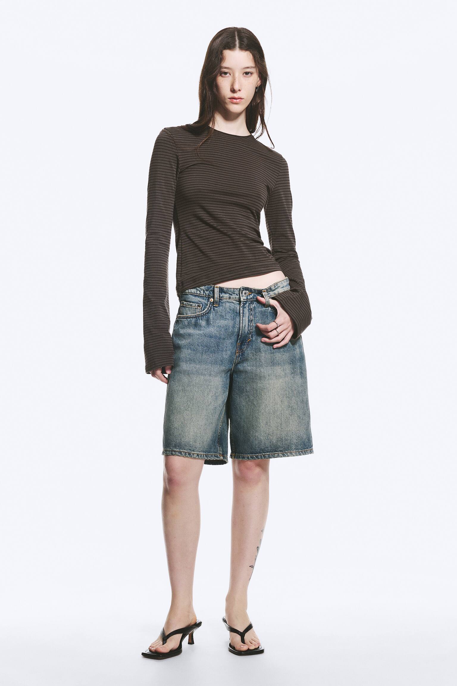 Long Sleeve Cotton Top - Тъмно Сиво Райе/Тъмночервено на райета/Черен/Черно/Dark Brown/Тъмносиньо на райета/Тъмнозелено райе - 5