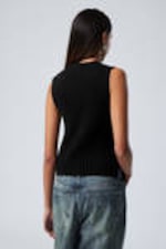 Black - Rib-Knitted V-neck Vest - 2