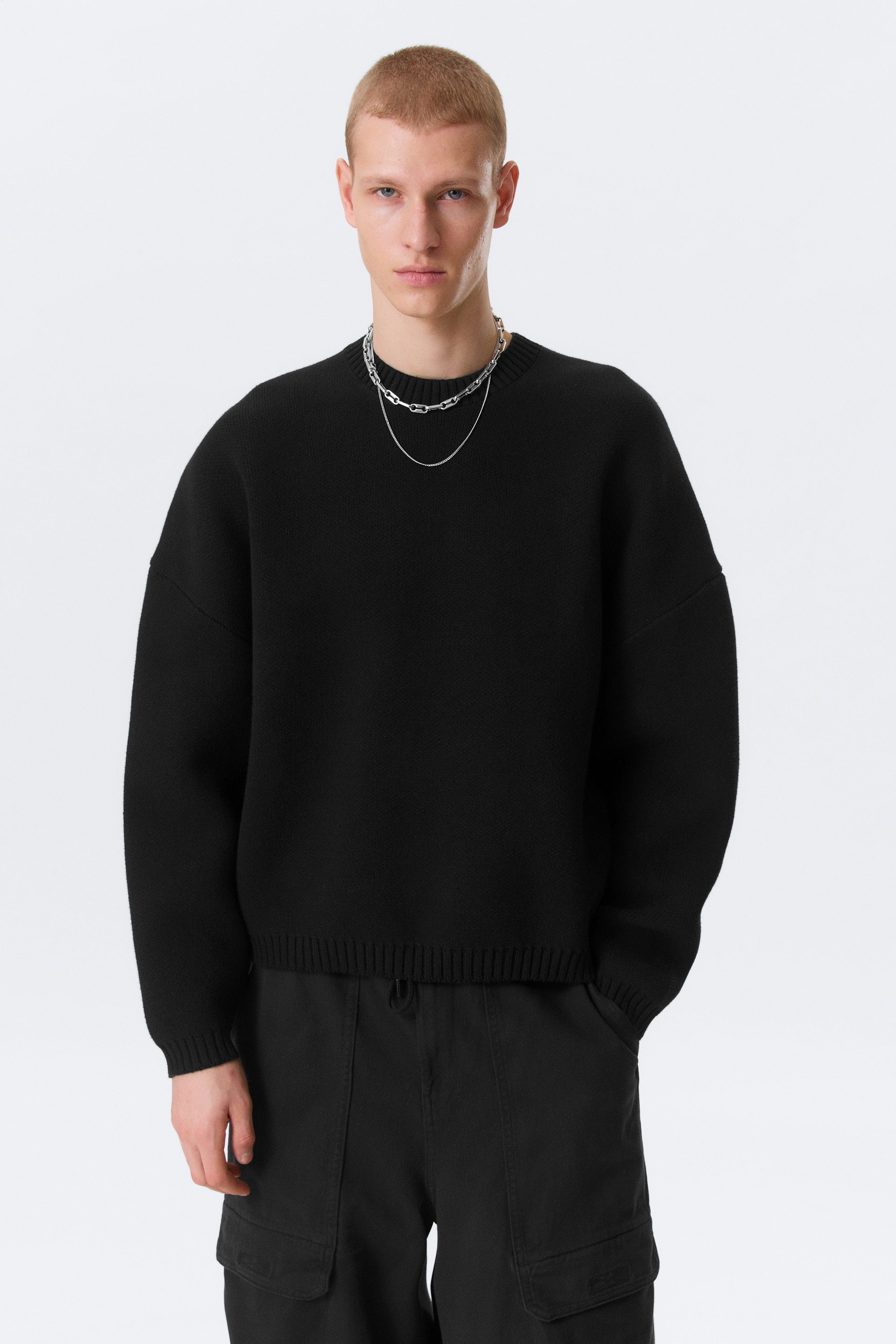 Oversized Heavyweight Cotton Sweater - Zwart/Dark Khaki Green