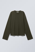 Dark Khaki Green - Long-Sleeved Boxy Cotton T-shirt - 0