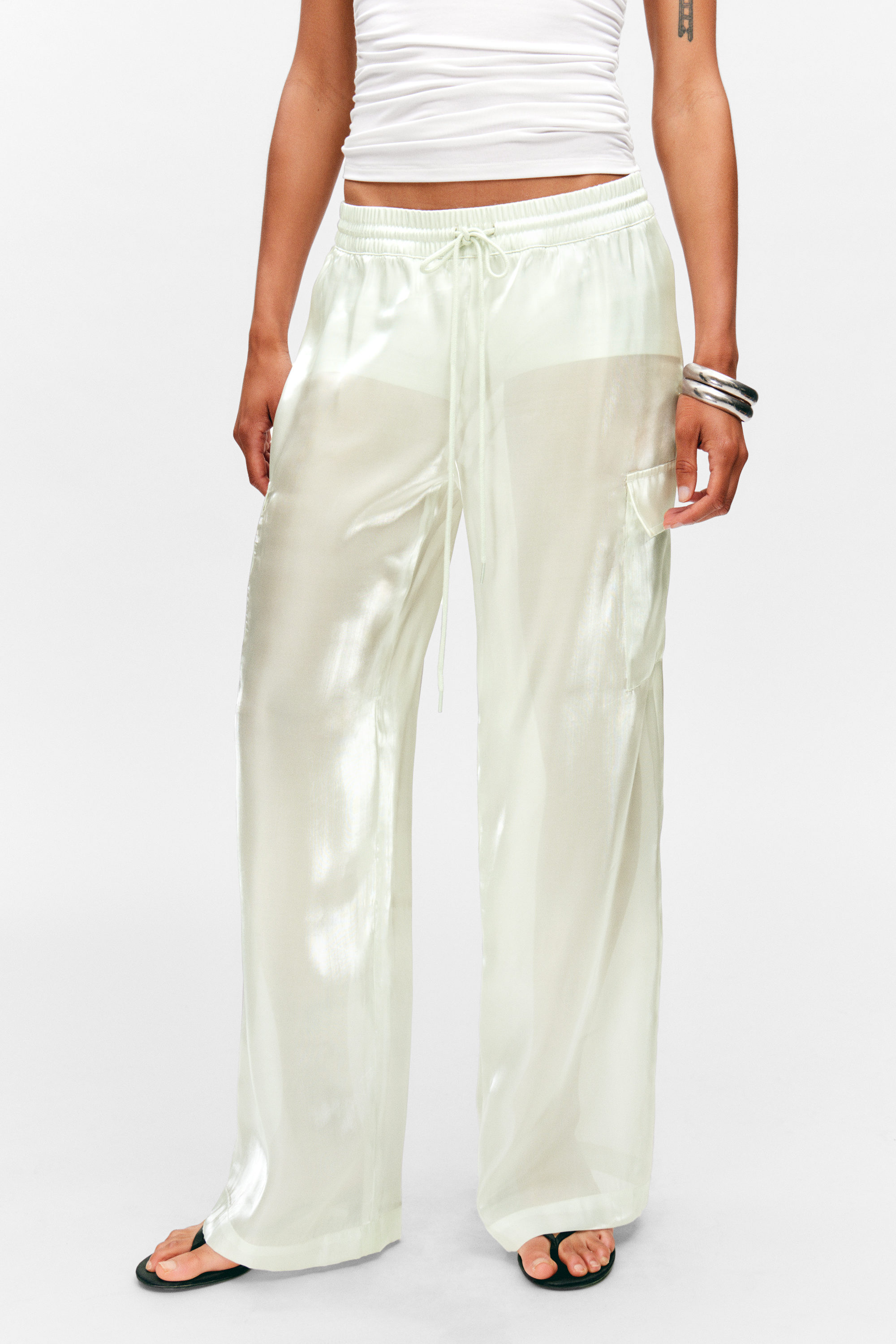 Light Mint - Sheer Drawstring Wide Leg Trousers - 2