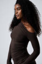 Dark Brown - Gathered Mini Long Sleeve Dress - 2