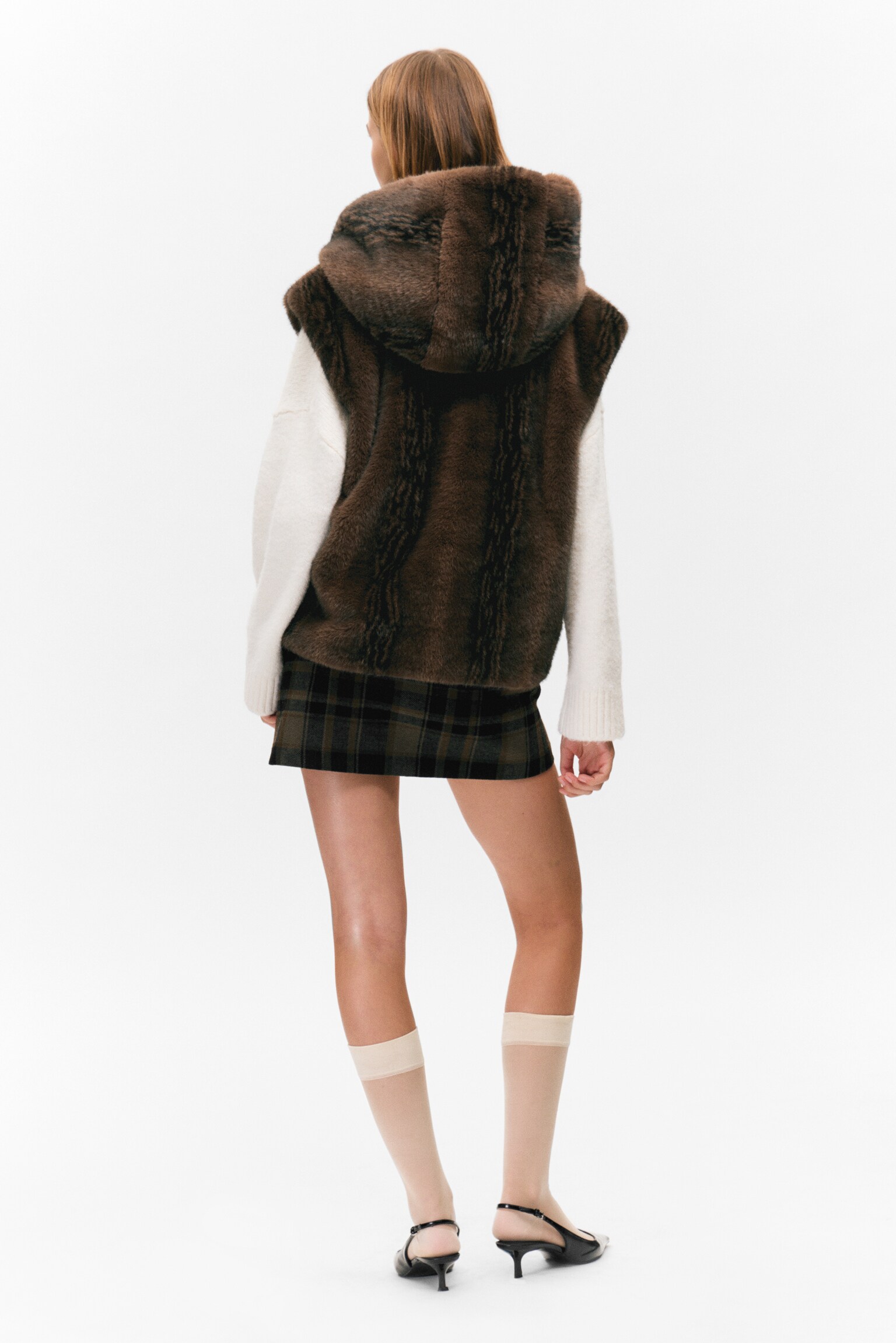 Faux Fur Hooded Zip Vest - Fuzzy Brown - 3