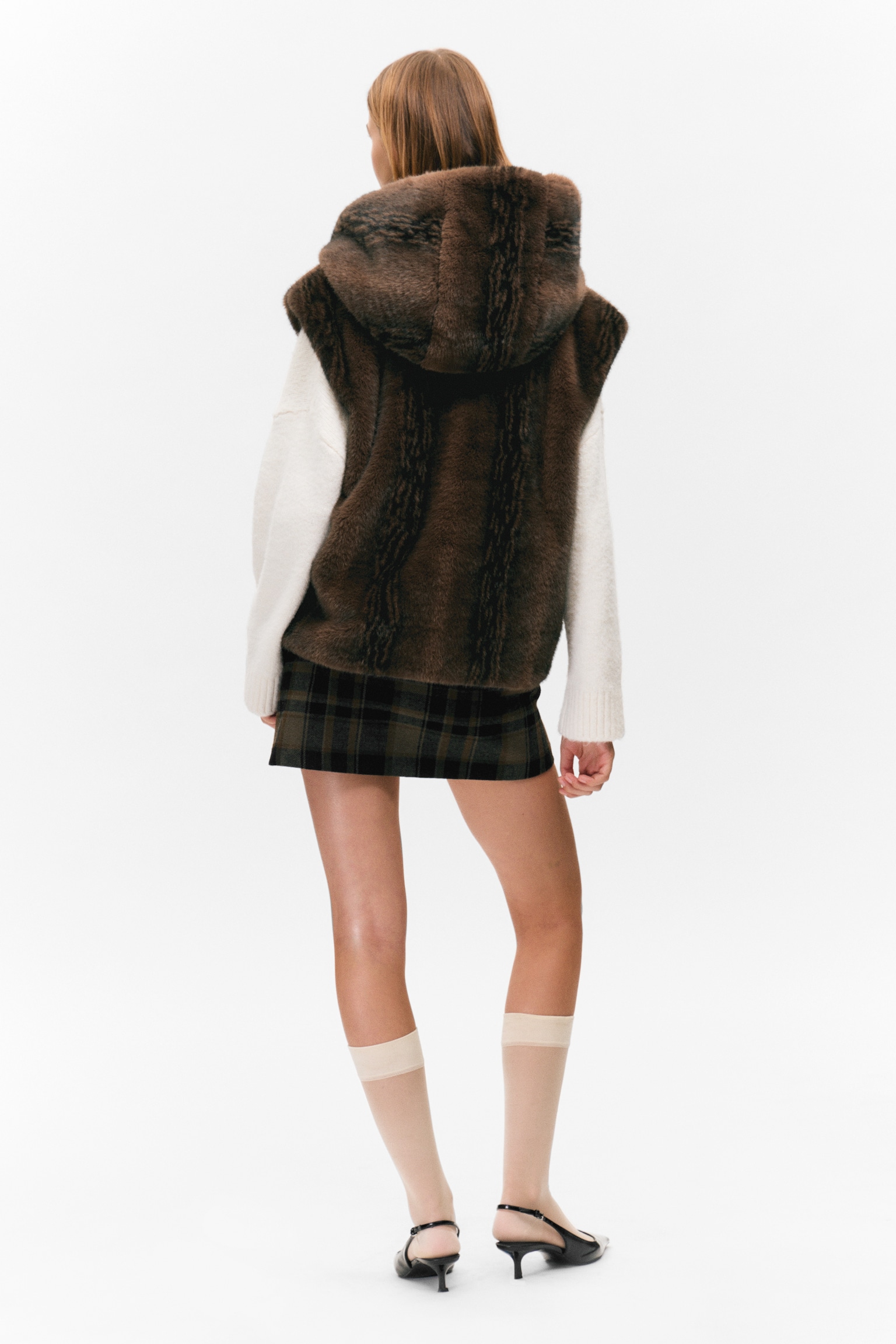 Faux Fur Hooded Zip Vest - Fuzzy Brown - 4