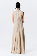 Light Beige - Sleeveless Linen-Blend Panelled Maxi Dress - 3