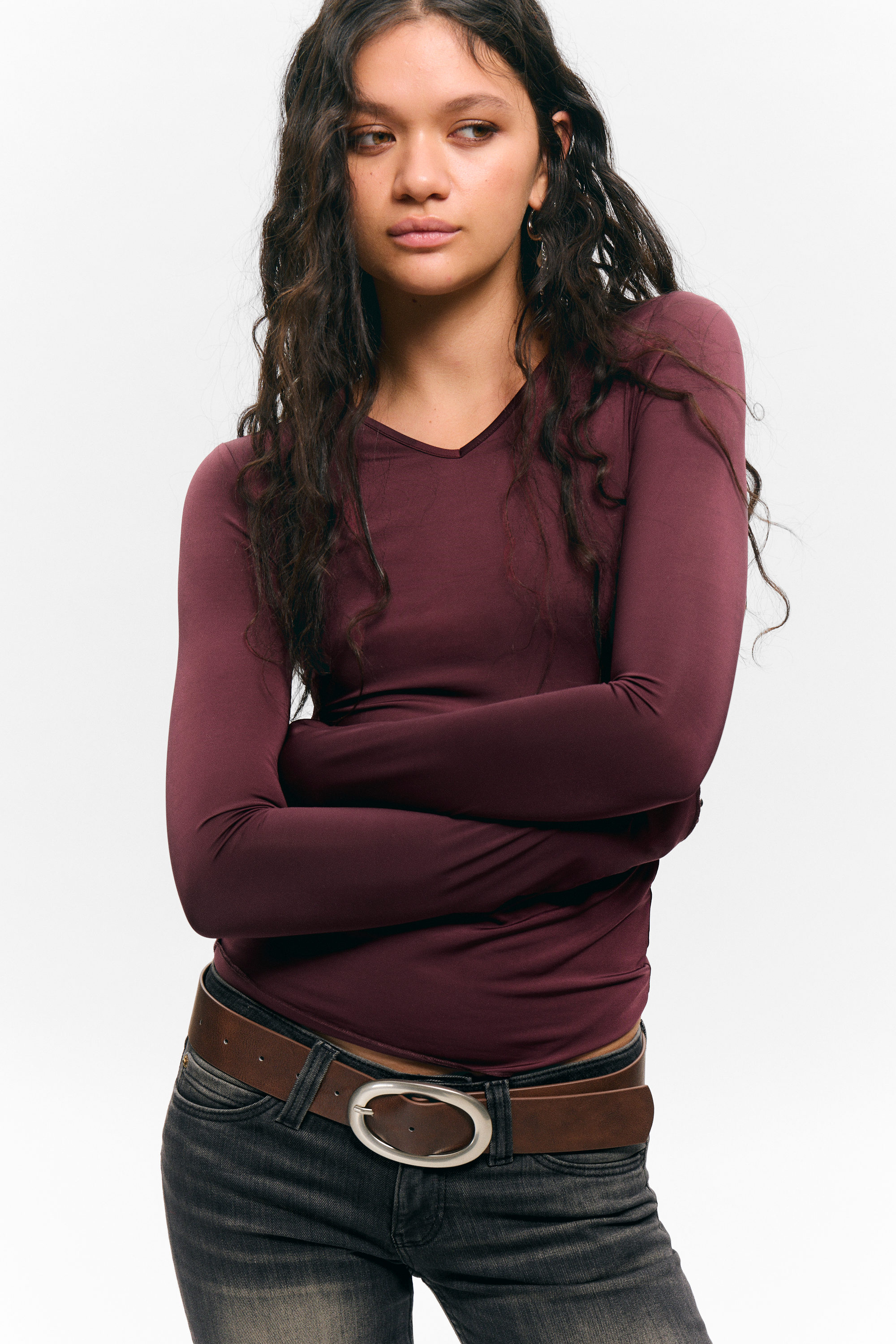Burgundy - Long-Sleeved V-Neck Top - 1
