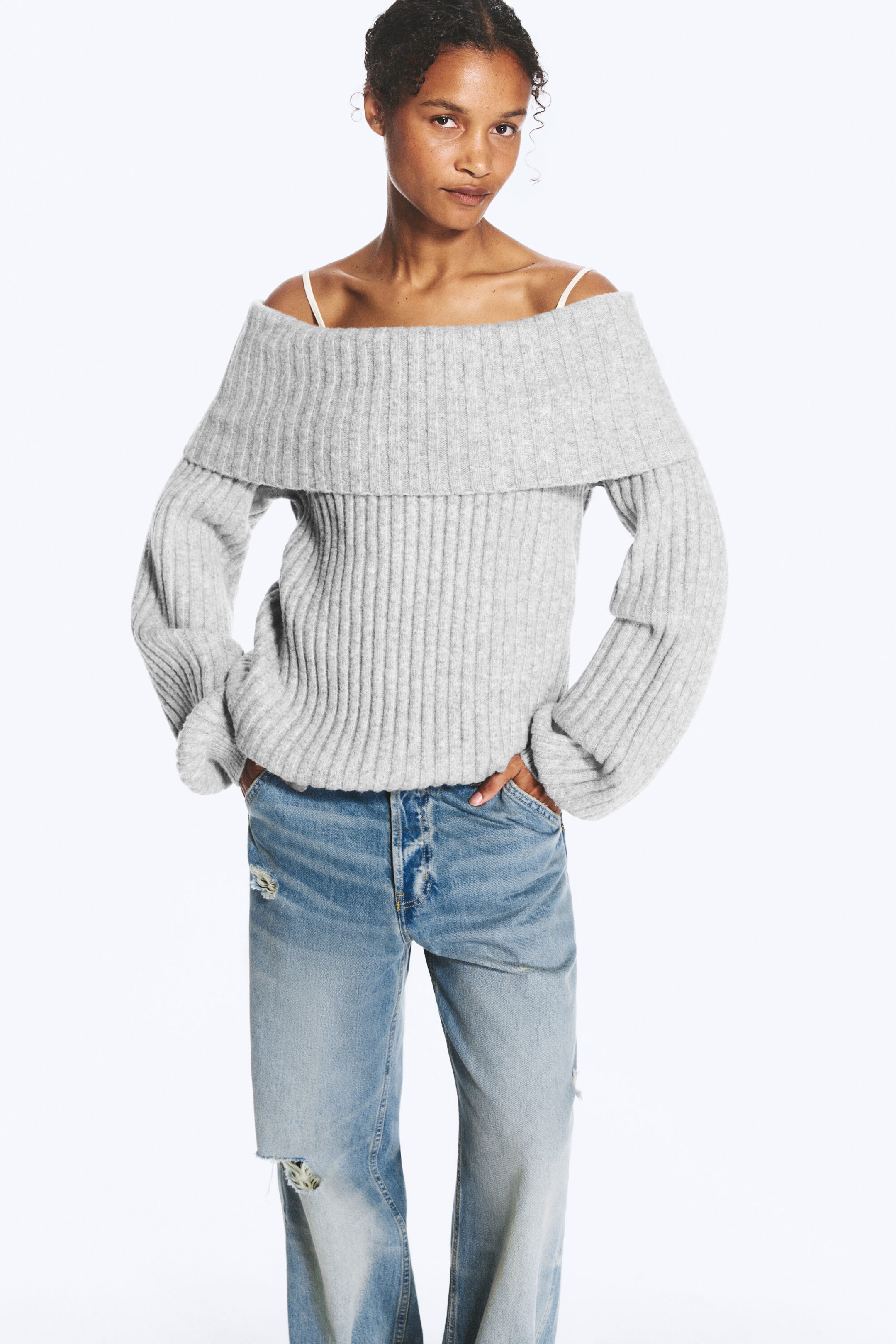 Gris chiné - Pull côtelé à épaules dénudées - 2