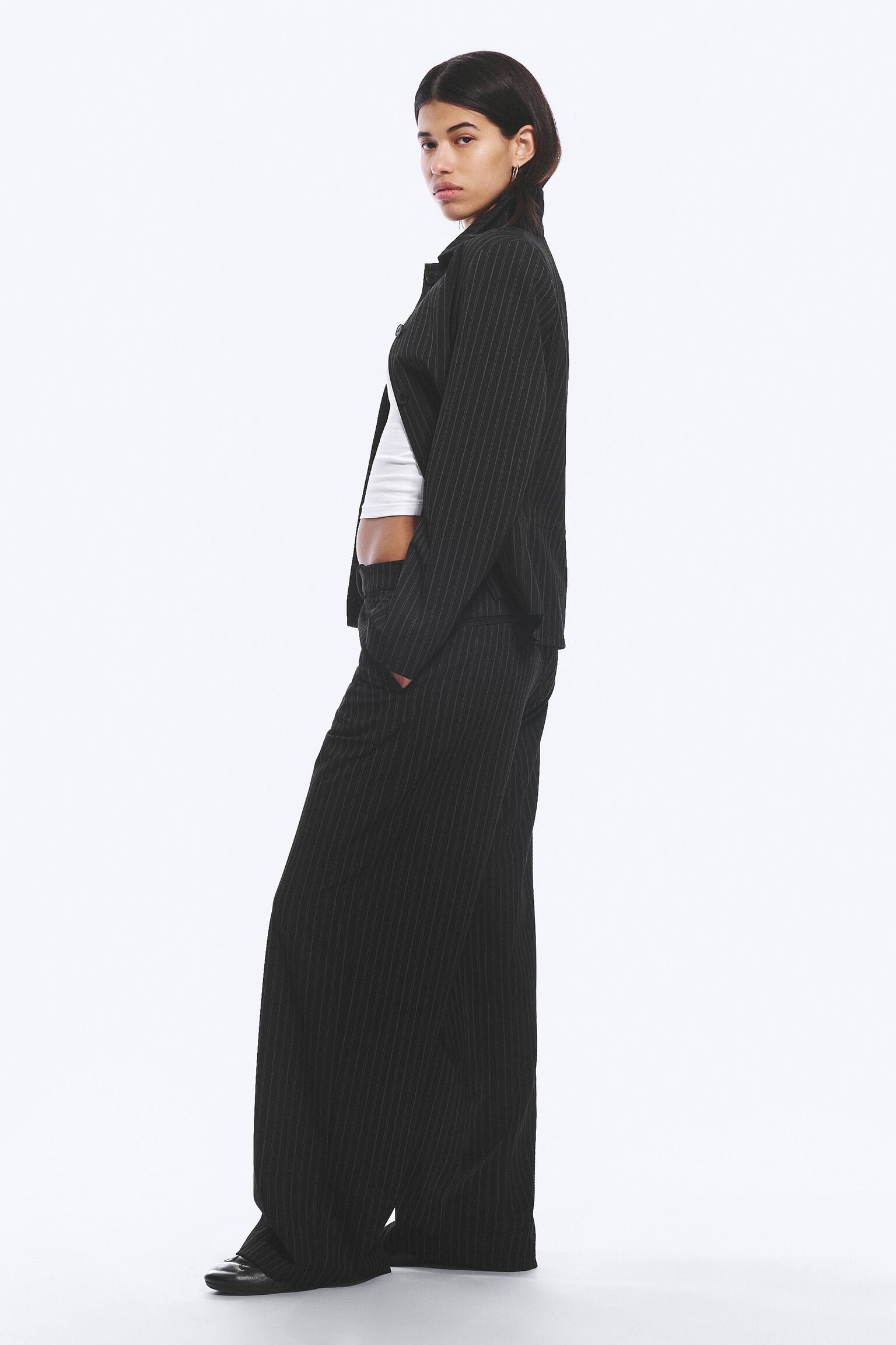 Low-Waisted Loose Fit Suit Trousers-Negru cu dungi fine - 4