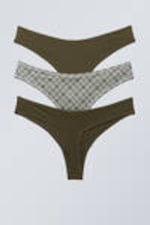 Dark Khaki Green/Checked Greige - 3-pack Soft Thongs - 1