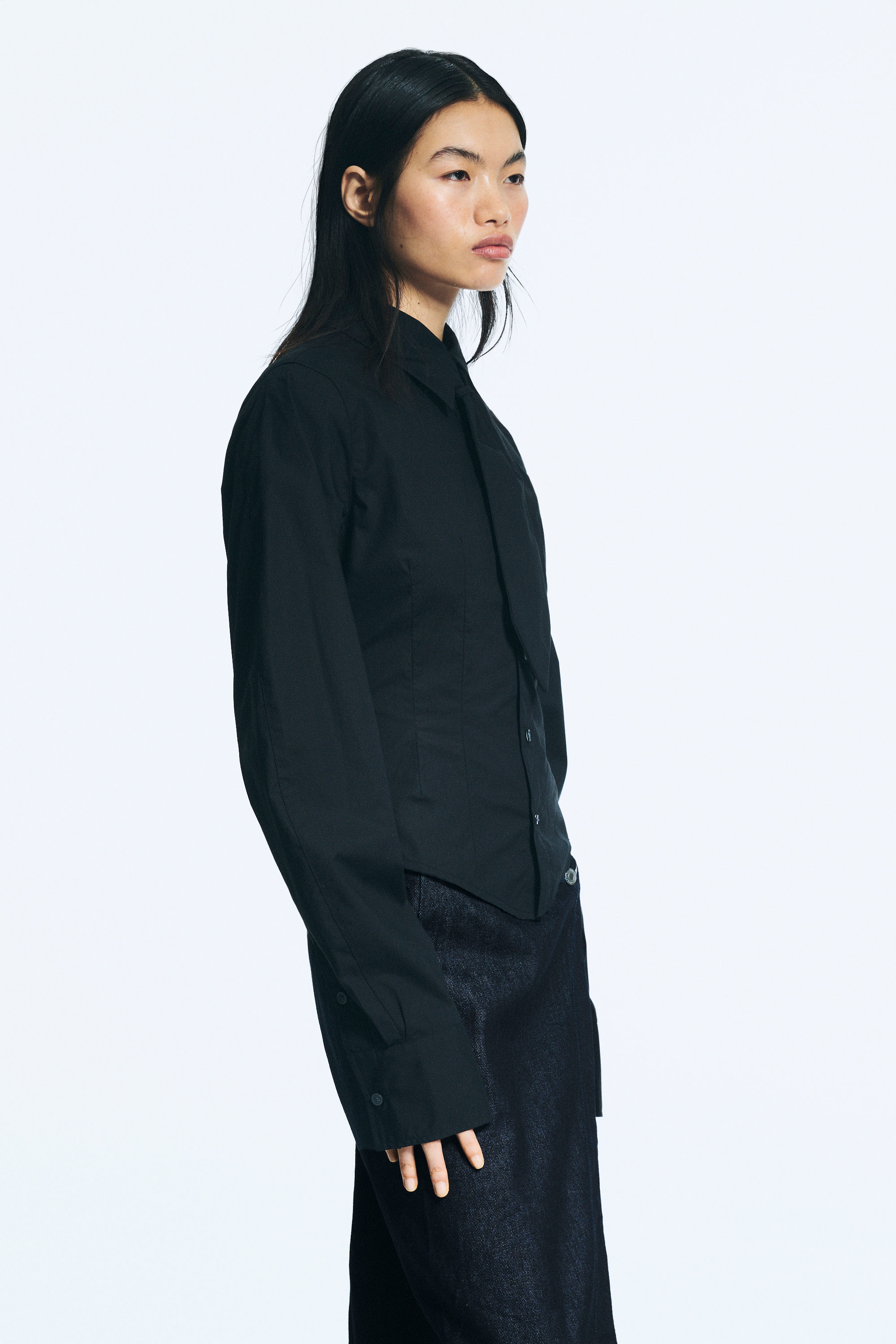 Black - Fitted Tie Detail Poplin Shirt - 2