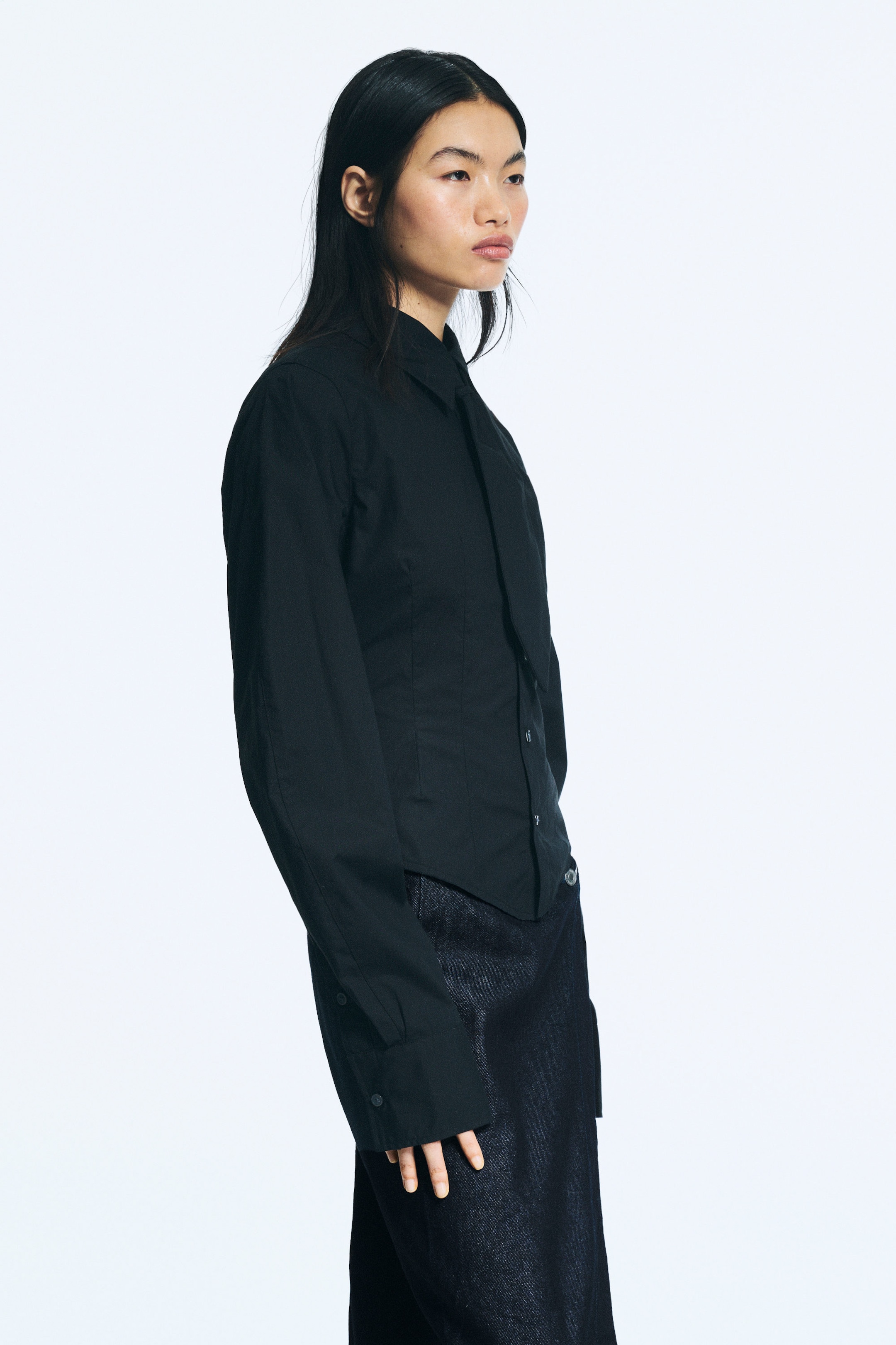 Black - Fitted Tie Detail Poplin Shirt - 2