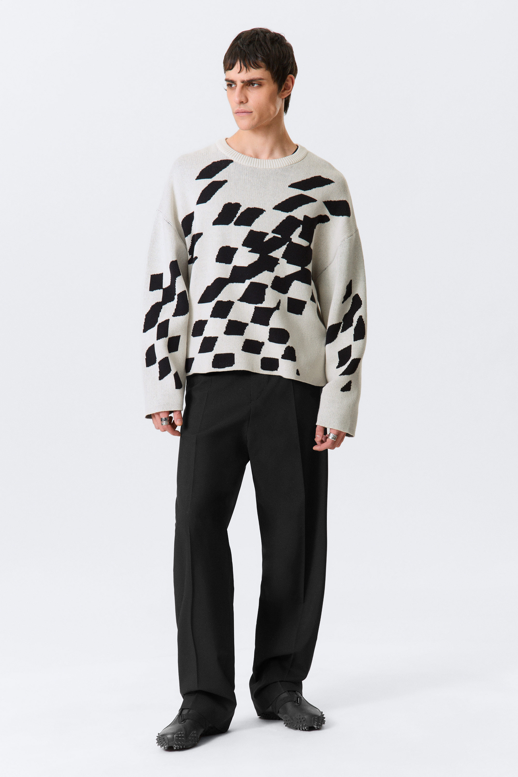 Dirty White - Square Pattern - Boxy Graphic Jacquard Sweater - 2