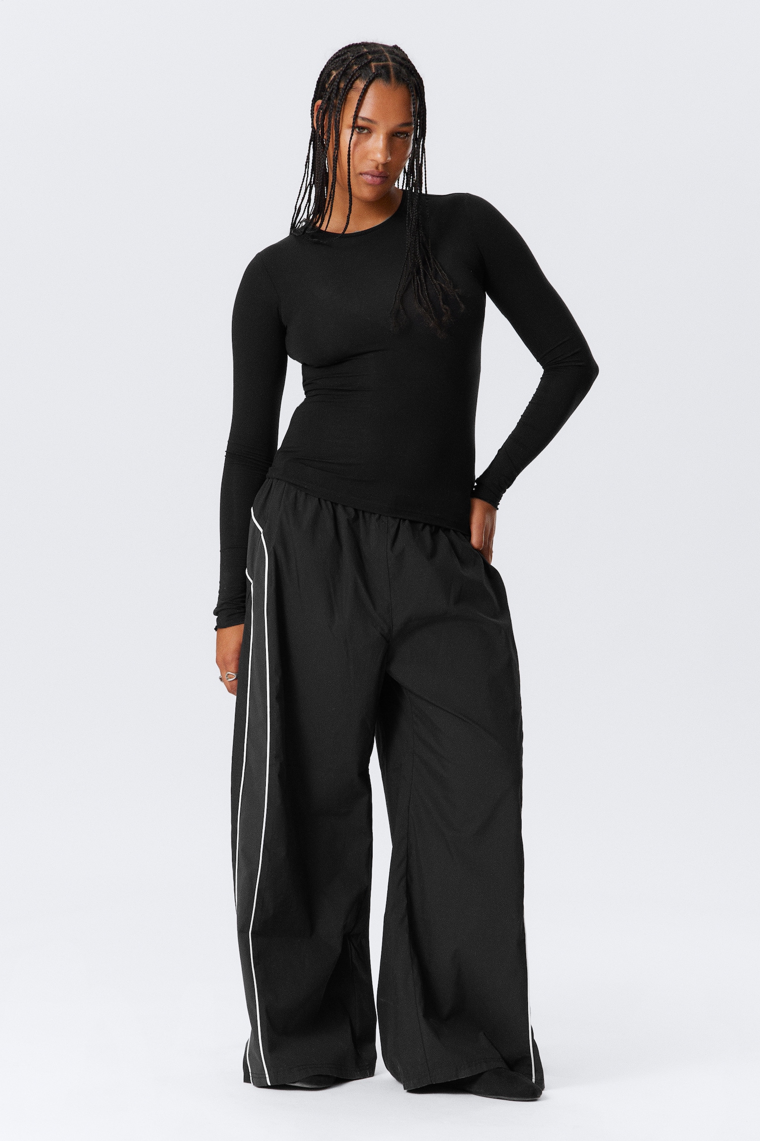 Slim Fit Long-Sleeved Lyocell Top - Black/Light Blue-ish Grey/Petrol - 4