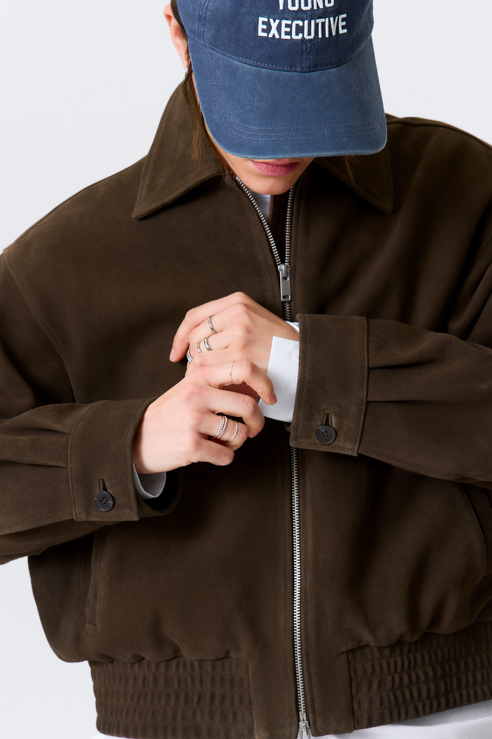 Dark Brown - Boxy Suede Zip Jacket - 2