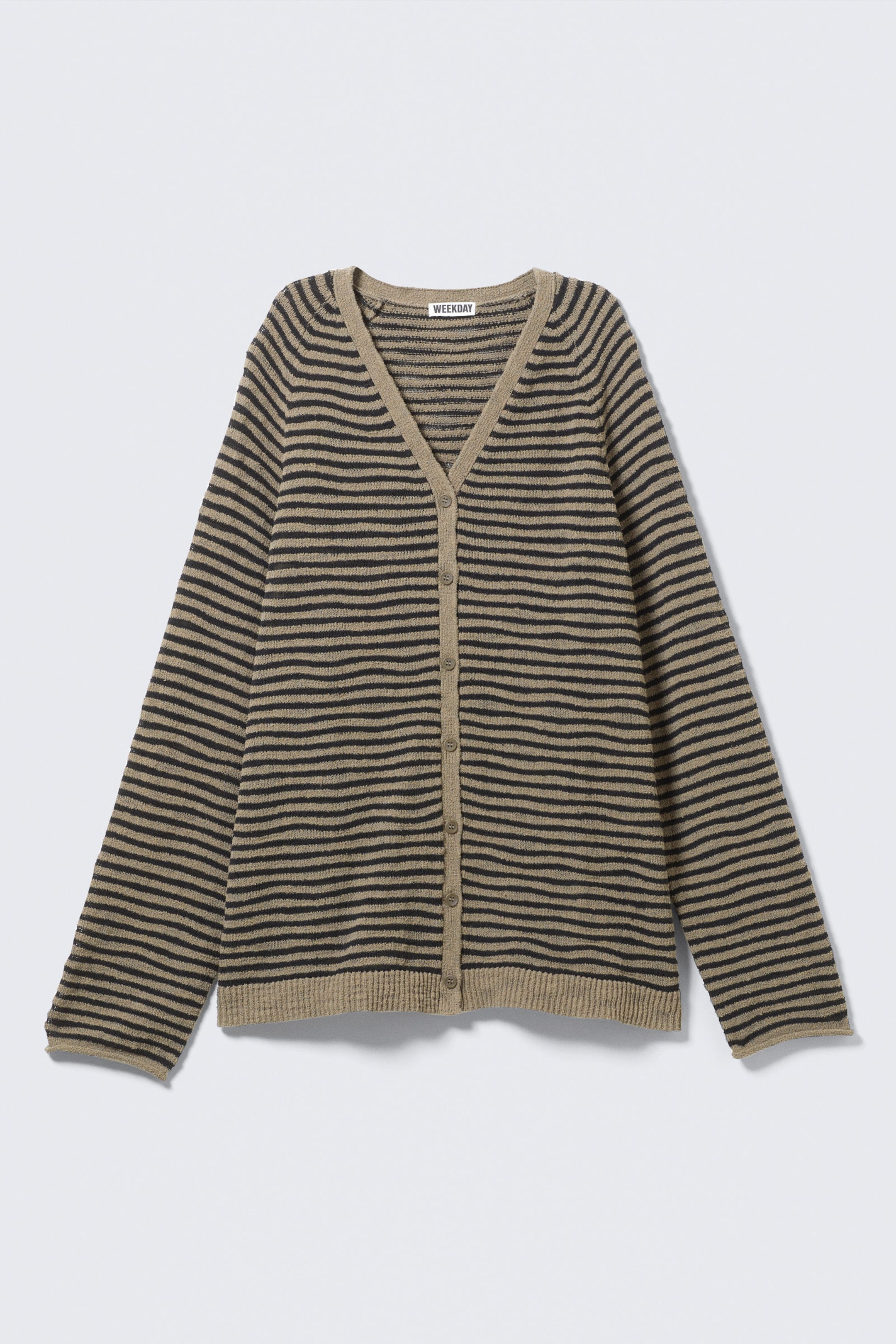 Beige - Black Stripe - Loose Knitted V-neck Cardigan - 1