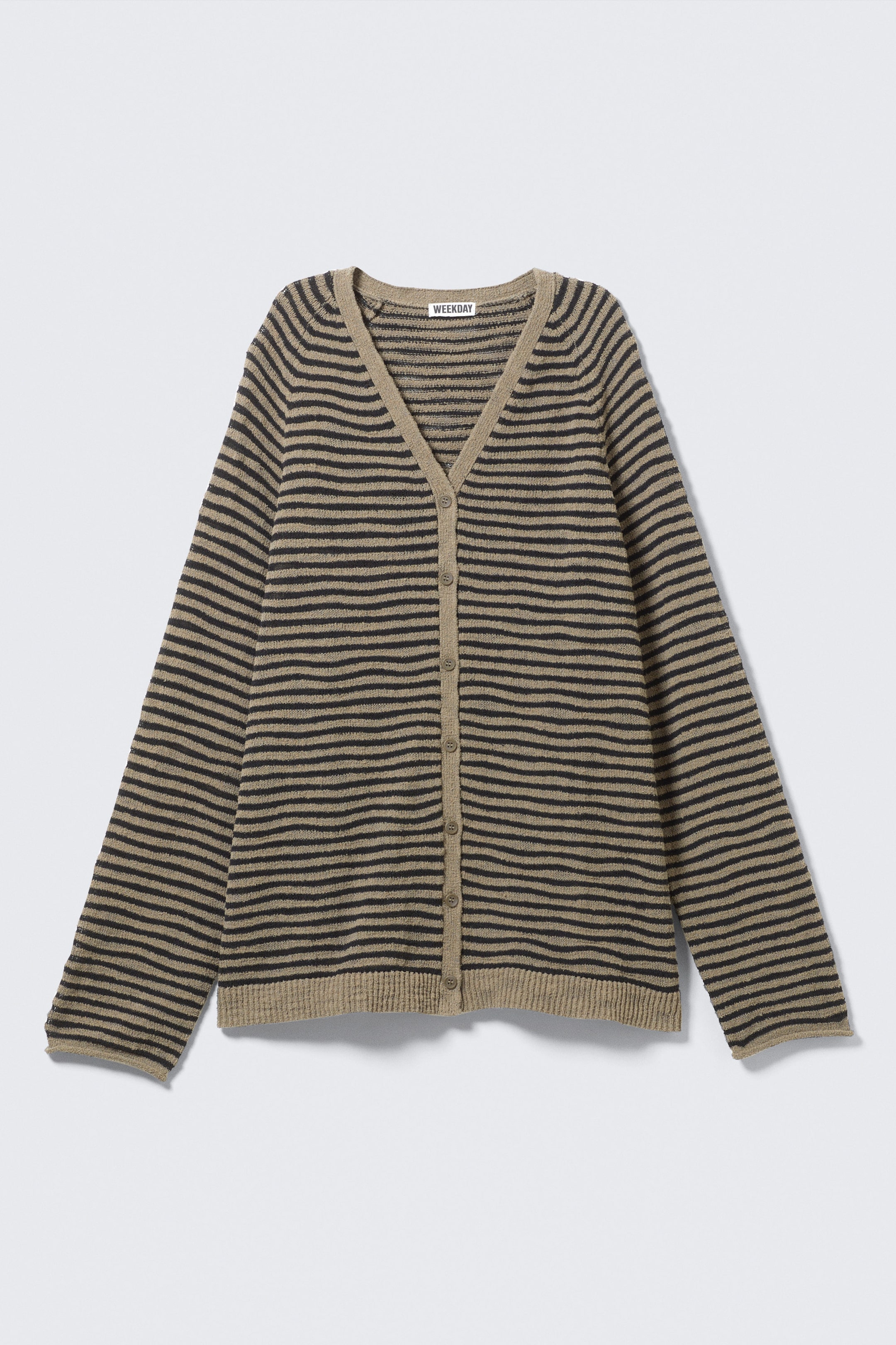 Beige - Svarta ränder - Löst stickad V-ringad cardigan - 1