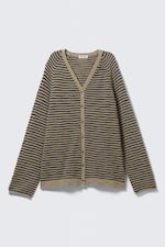 Beige - Schwarze Streifen - Locker gestrickter Cardigan mit V-Ausschnitt - 0
