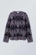 Dark Lilac - Oversized Hairy Graphic Knitted Sweater - 0